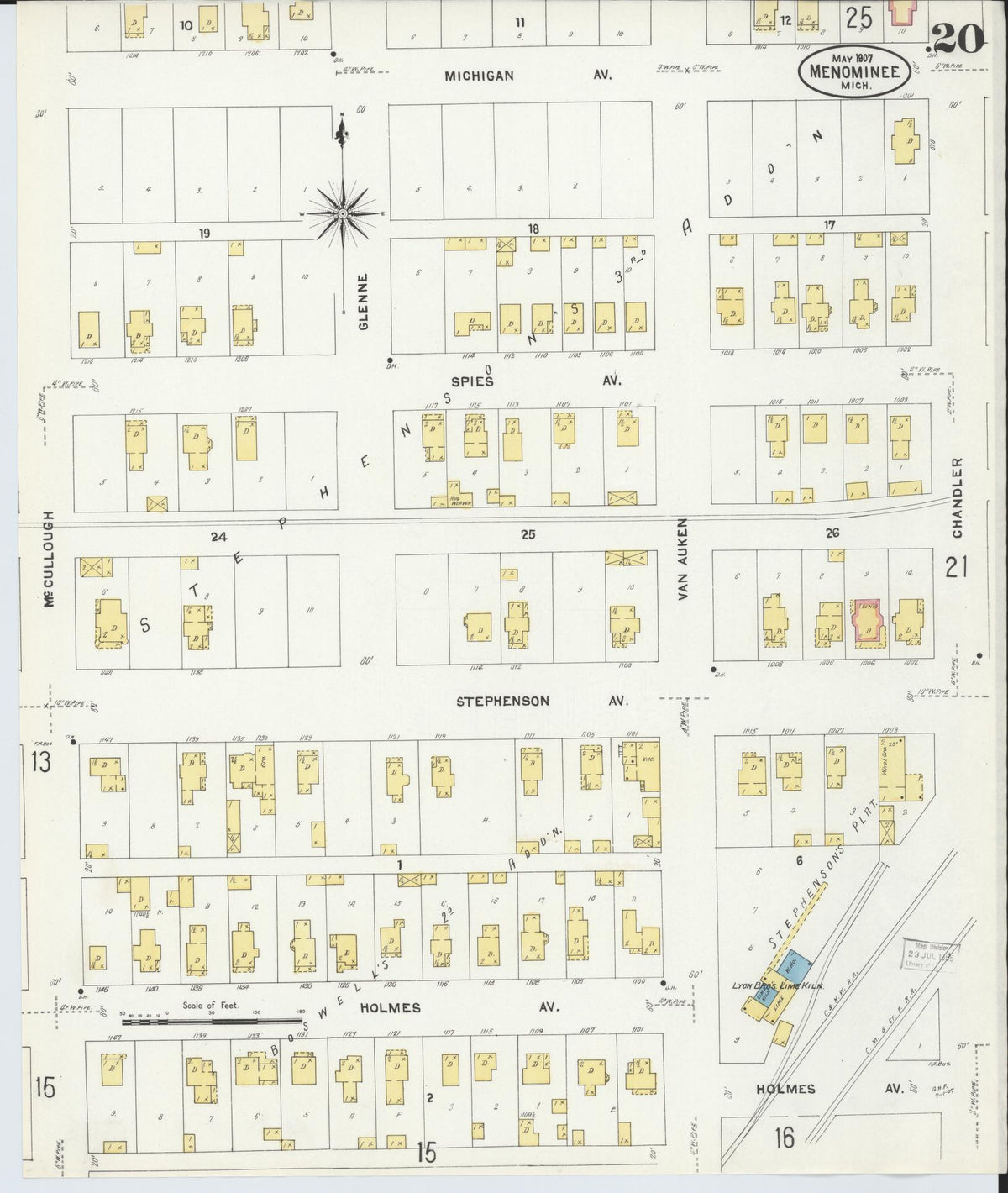 Sanborn Fire Insurance Map from Menominee, Menominee County, Michigan (1907), Sheet #0020 - Historic Sanborn Fire Insurance Map Print, vintage old map wall art, antique decor, genealogy gift, Michigan Michigan map