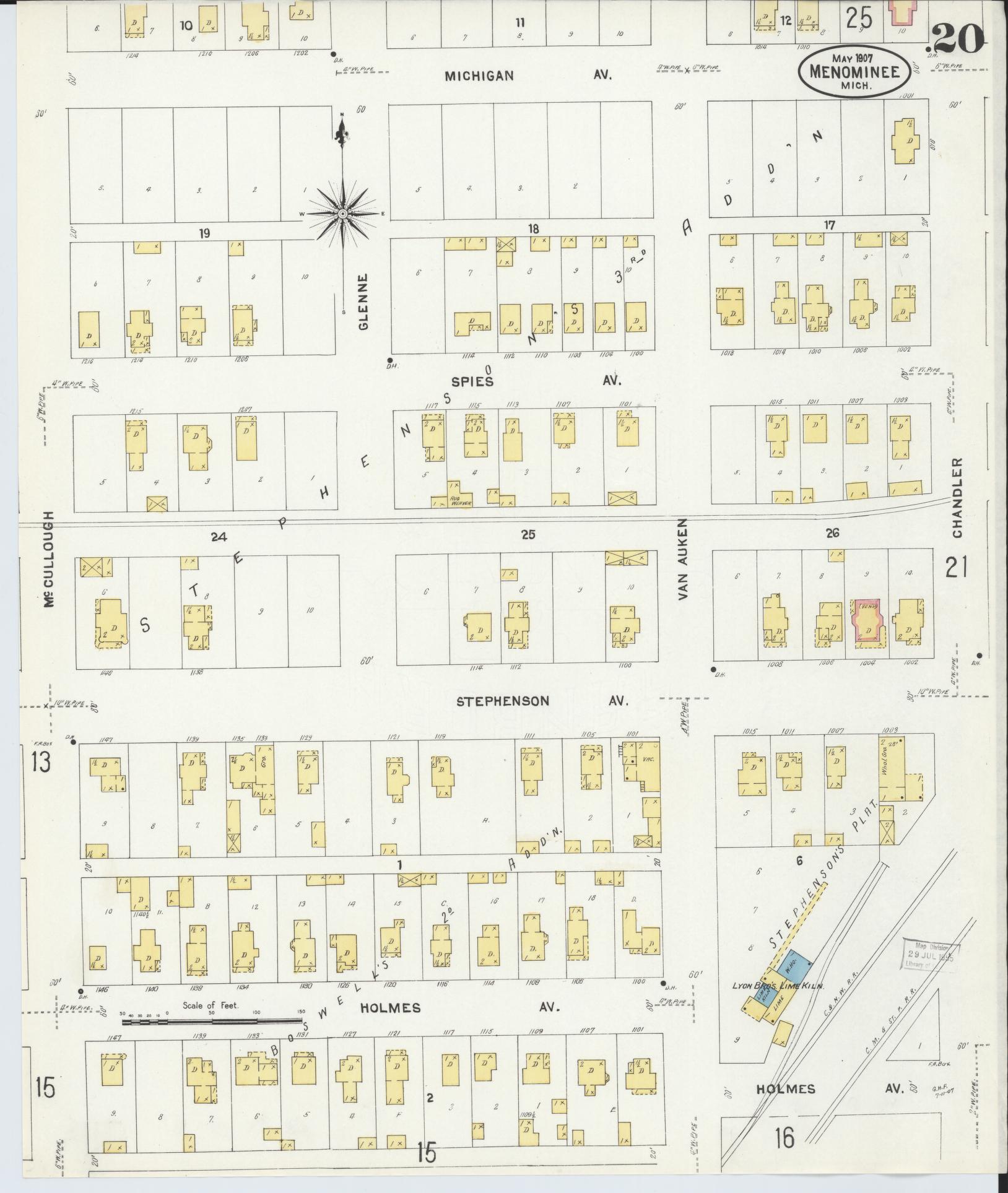 Sanborn Fire Insurance Map from Menominee, Menominee County, Michigan (1907), Sheet #0020 - Historic Sanborn Fire Insurance Map Print, vintage old map wall art, antique decor, genealogy gift, Michigan Michigan map