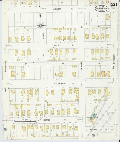 Sanborn Fire Insurance Map from Menominee, Menominee County, Michigan (1907), Sheet #0020 - Historic Sanborn Fire Insurance Map Print, vintage old map wall art, antique decor, genealogy gift, Michigan Michigan map