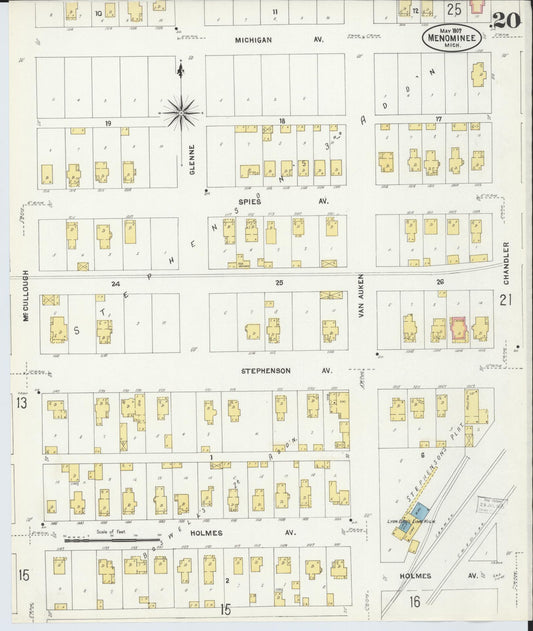 Sanborn Fire Insurance Map from Menominee, Menominee County, Michigan (1907), Sheet #0020 - Historic Sanborn Fire Insurance Map Print, vintage old map wall art, antique decor, genealogy gift, Michigan Michigan map
