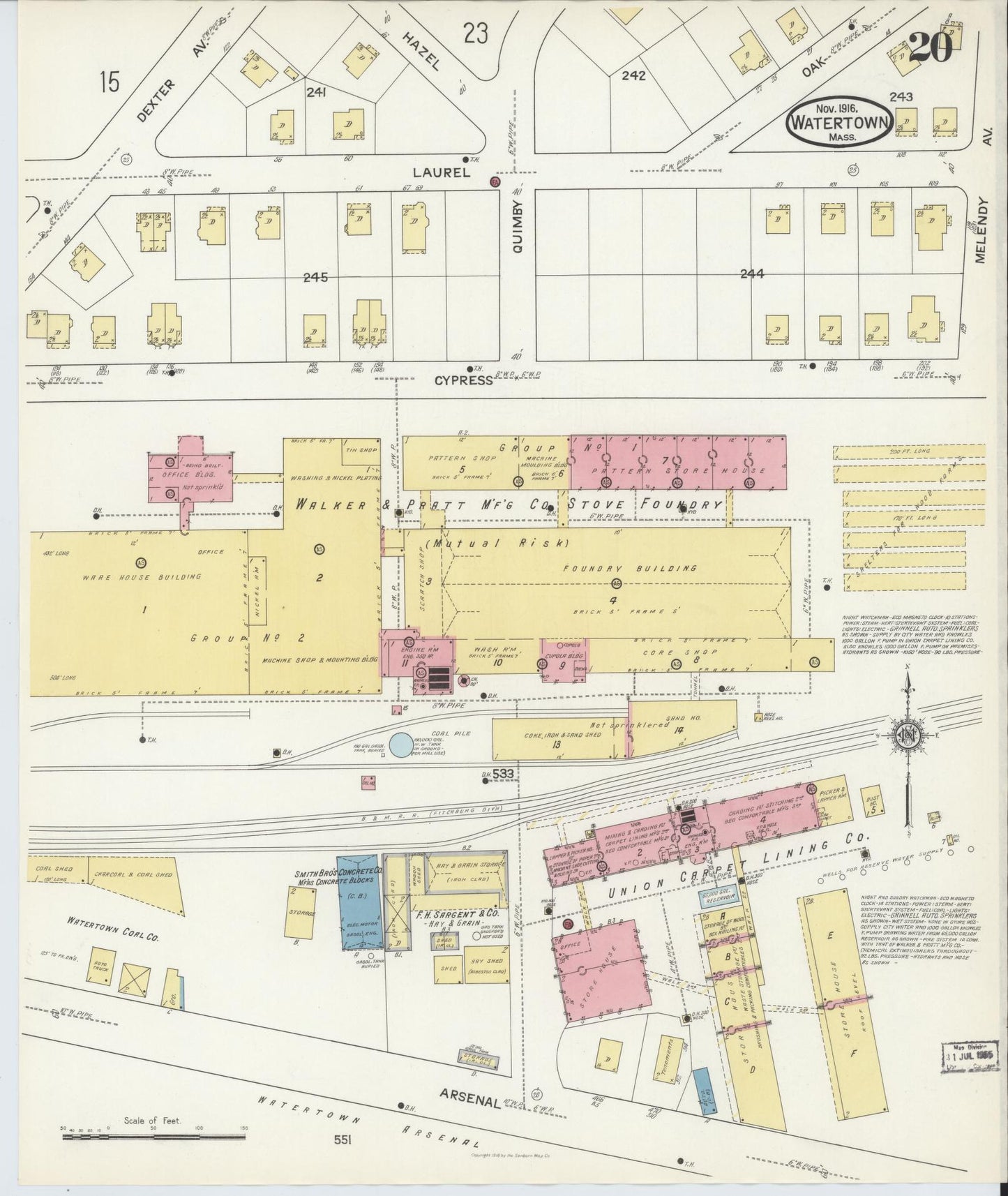 Sanborn Fire Insurance Map from Watertown, Middlesex County, Massachusetts (1916), Sheet #0020 - Complete Map Set gallery image, historic Sanborn map, vintage wall art, Massachusetts Massachusetts