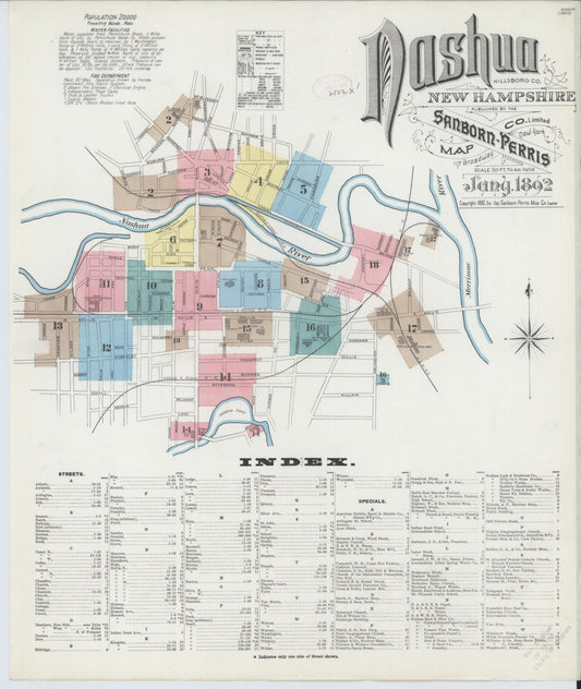 Sanborn Fire Insurance Map from Nashua, Hillsborough County, New Hampshire (1892), Sheet #0001 - Complete Map Set gallery image, historic Sanborn map, vintage wall art, New Hampshire New Hampshire