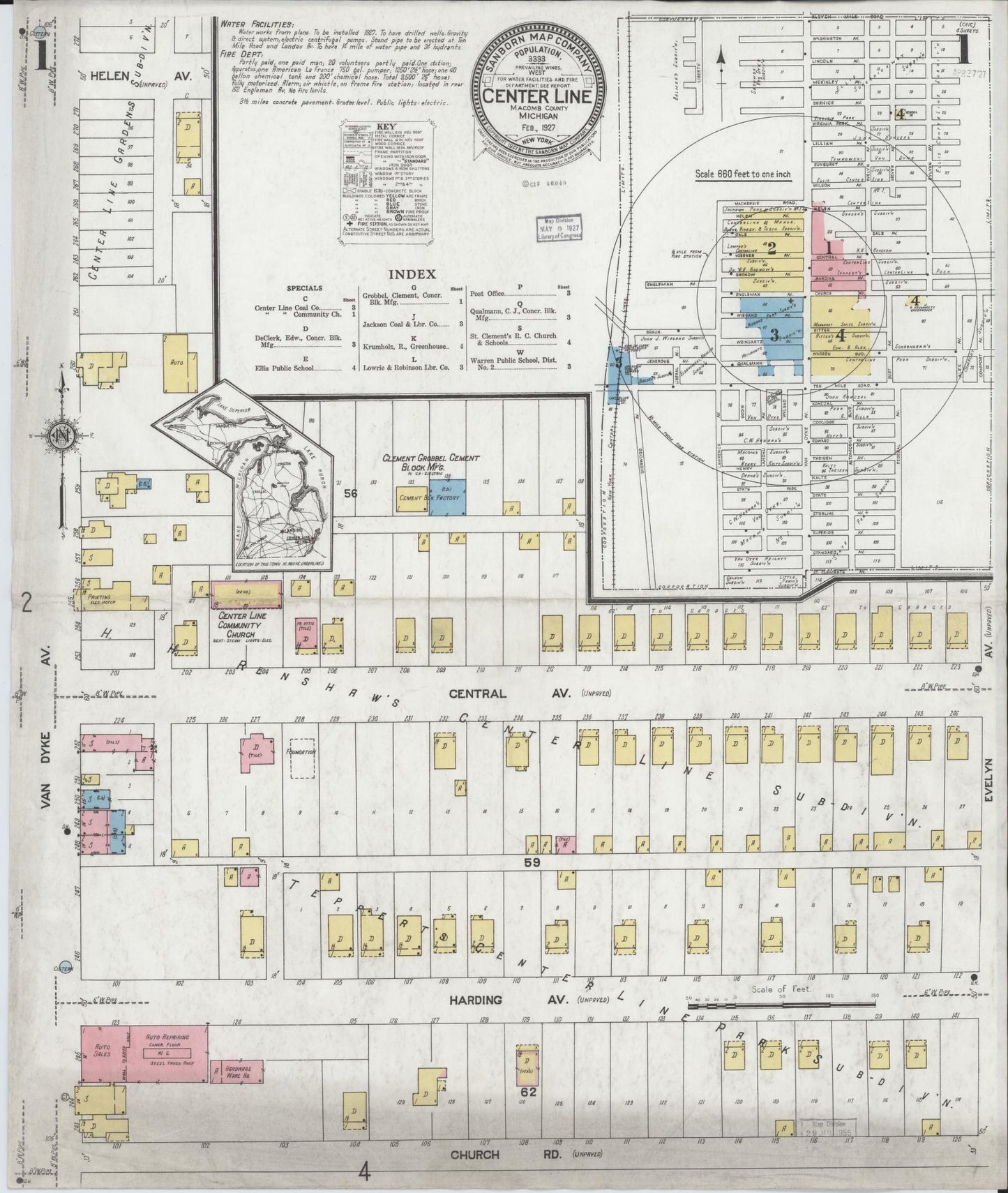 Sanborn Fire Insurance Map from Center Line, Macomb County, Michigan (1927), Sheet #0001 - Complete Map Set gallery image, historic Sanborn map, vintage wall art, Michigan Michigan