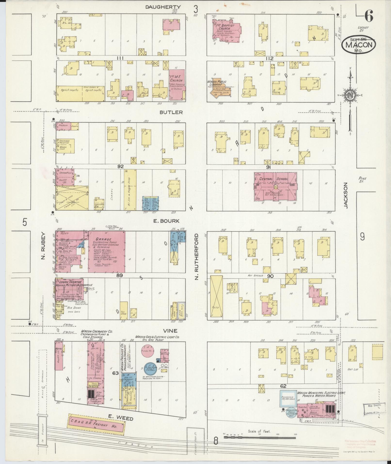 Sanborn Fire Insurance Map from Macon, Macon County, Missouri (1916), Sheet #0006 - Historic Sanborn Fire Insurance Map Print, vintage old map wall art, antique decor, genealogy gift, Missouri Missouri map