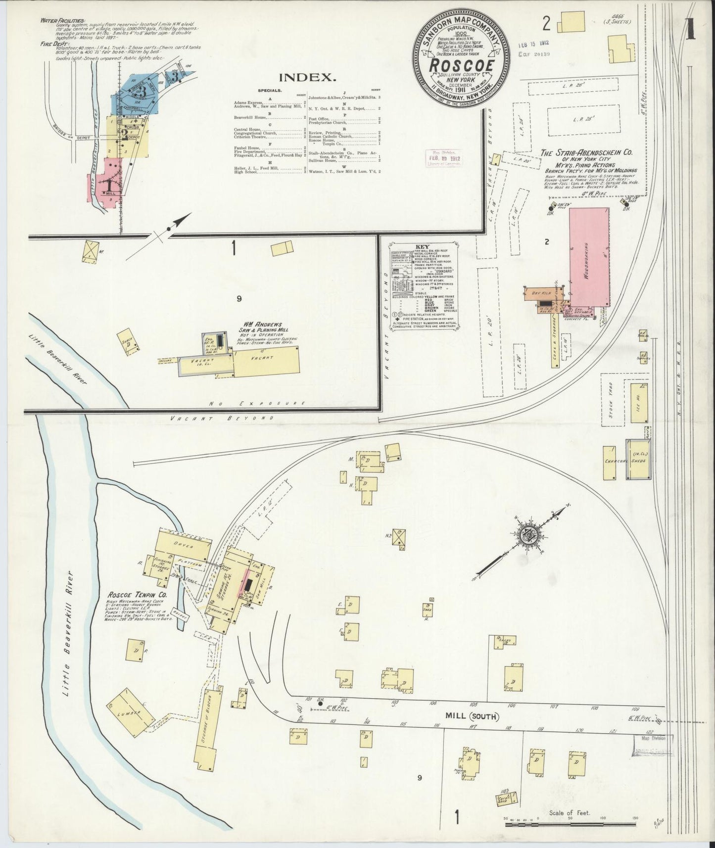 Sanborn Fire Insurance Map from Roscoe, Sullivan County, New York (1911), Sheet #0001 - Historic Sanborn Fire Insurance Map Print, vintage old map wall art, antique decor, genealogy gift, New York New York map