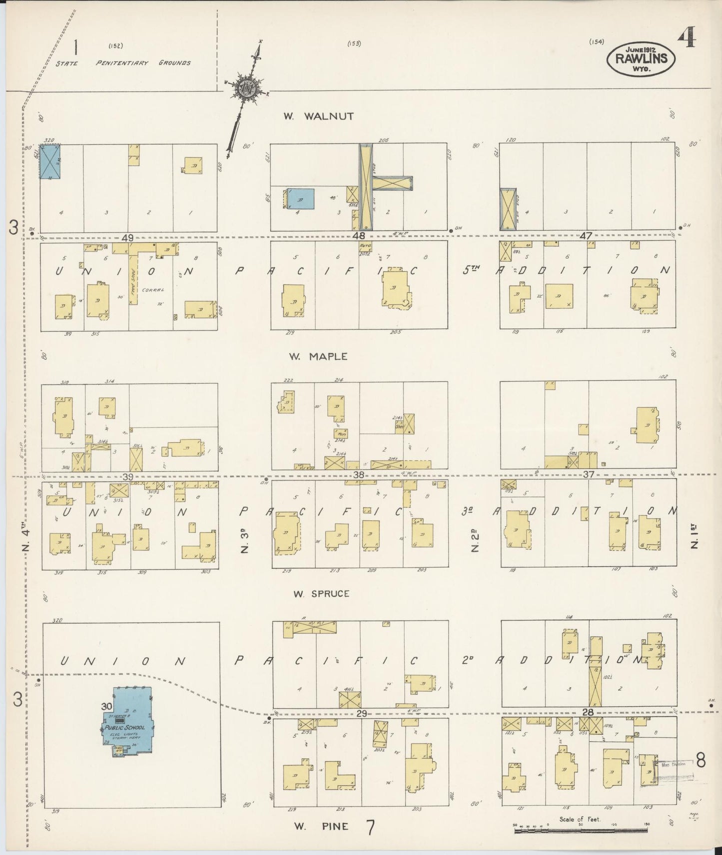 Sanborn Fire Insurance Map from Rawlins, Carbon County, Wyoming (1912), Sheet #0004 - Complete Map Set gallery image, historic Sanborn map, vintage wall art, Wyoming Wyoming