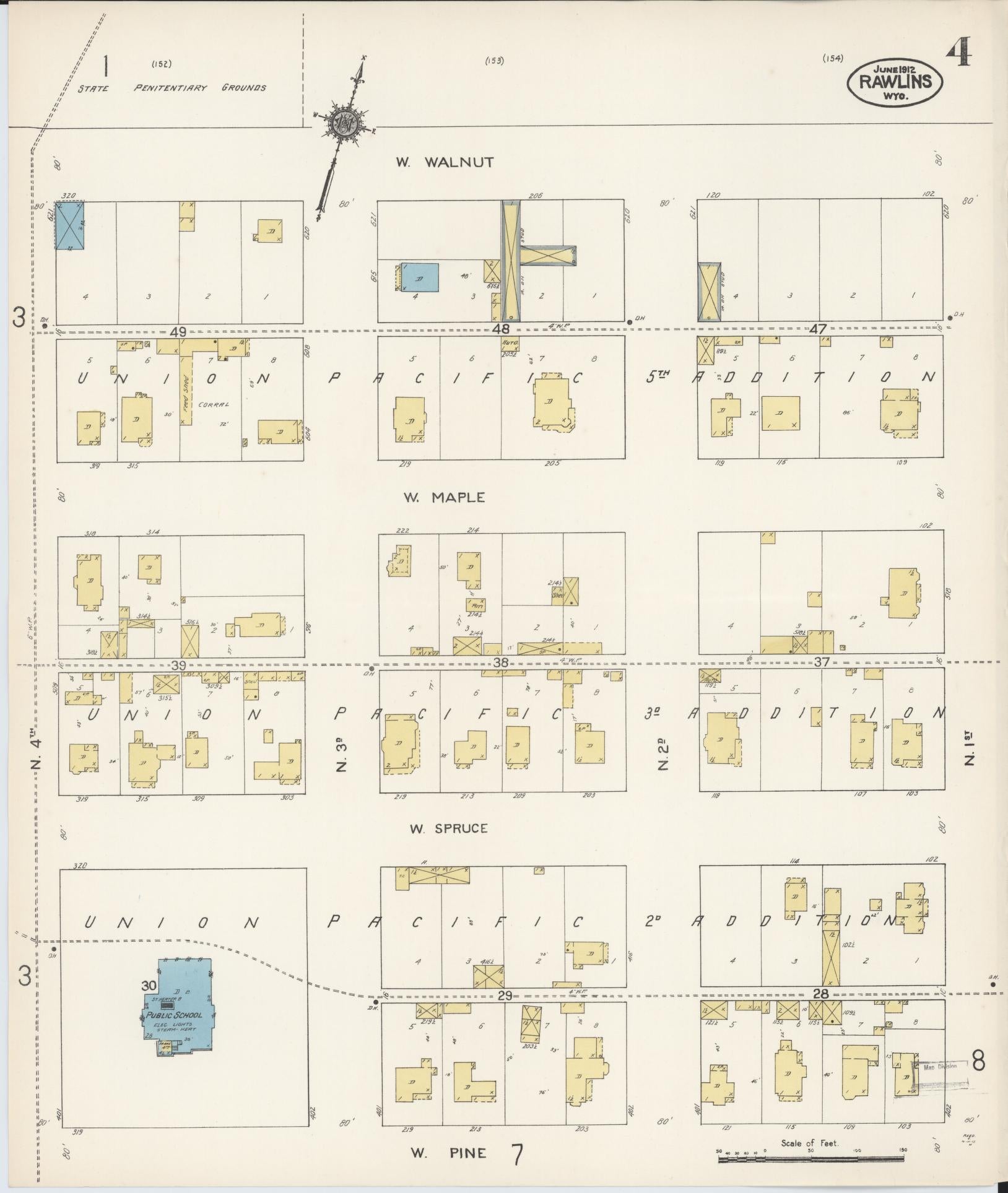 Sanborn Fire Insurance Map from Rawlins, Carbon County, Wyoming (1912), Sheet #0004 - Complete Map Set gallery image, historic Sanborn map, vintage wall art, Wyoming Wyoming