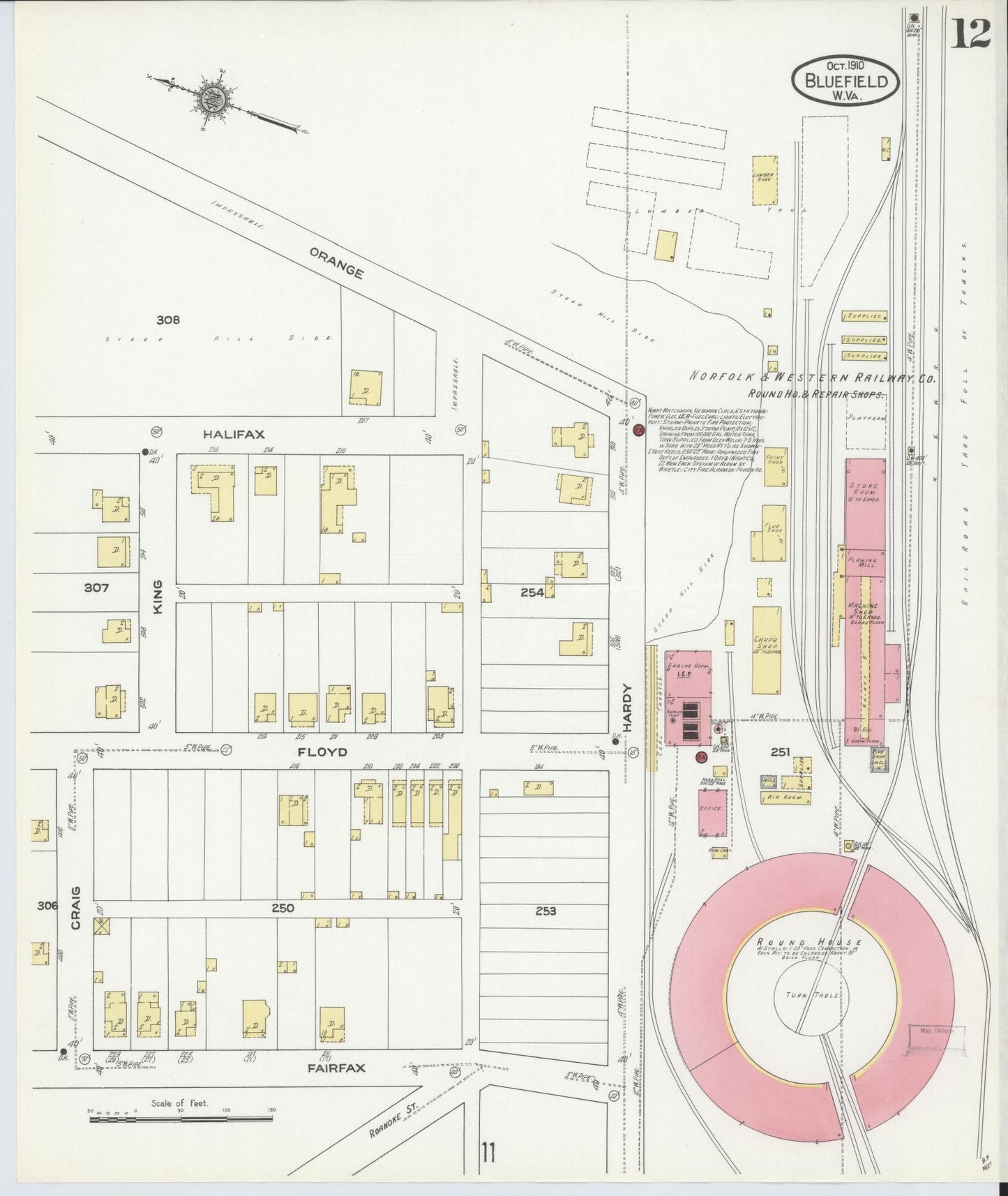 Sanborn Fire Insurance Map from Bluefield, Mercer County, West Virginia (1910), Sheet #0012 - Complete Map Set gallery image, historic Sanborn map, vintage wall art, West Virginia West Virginia