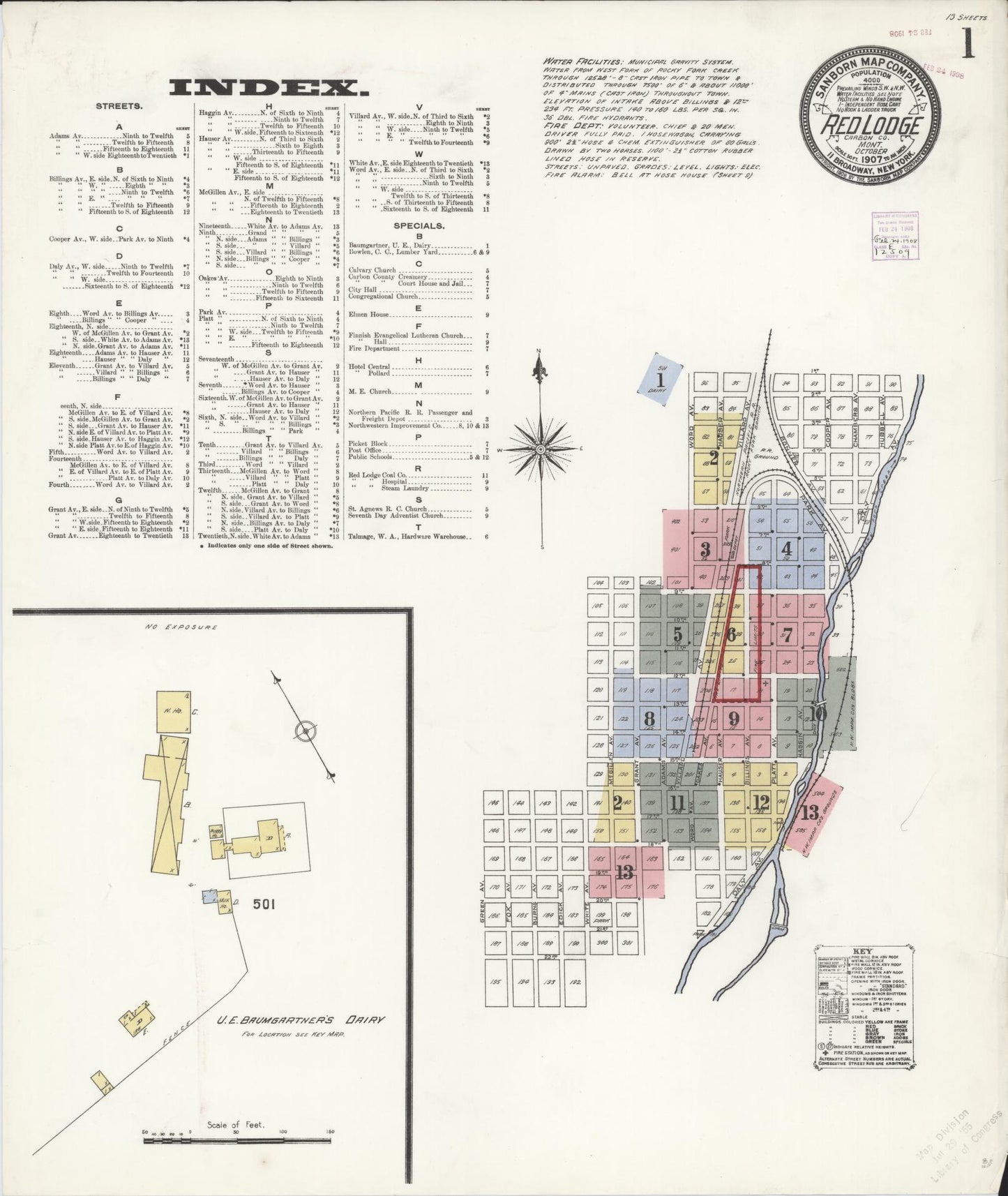 Sanborn Fire Insurance Map from Red Lodge, Carbon County, Montana (1907), Sheet #0001 - Complete Map Set gallery image, historic Sanborn map, vintage wall art, Montana Montana