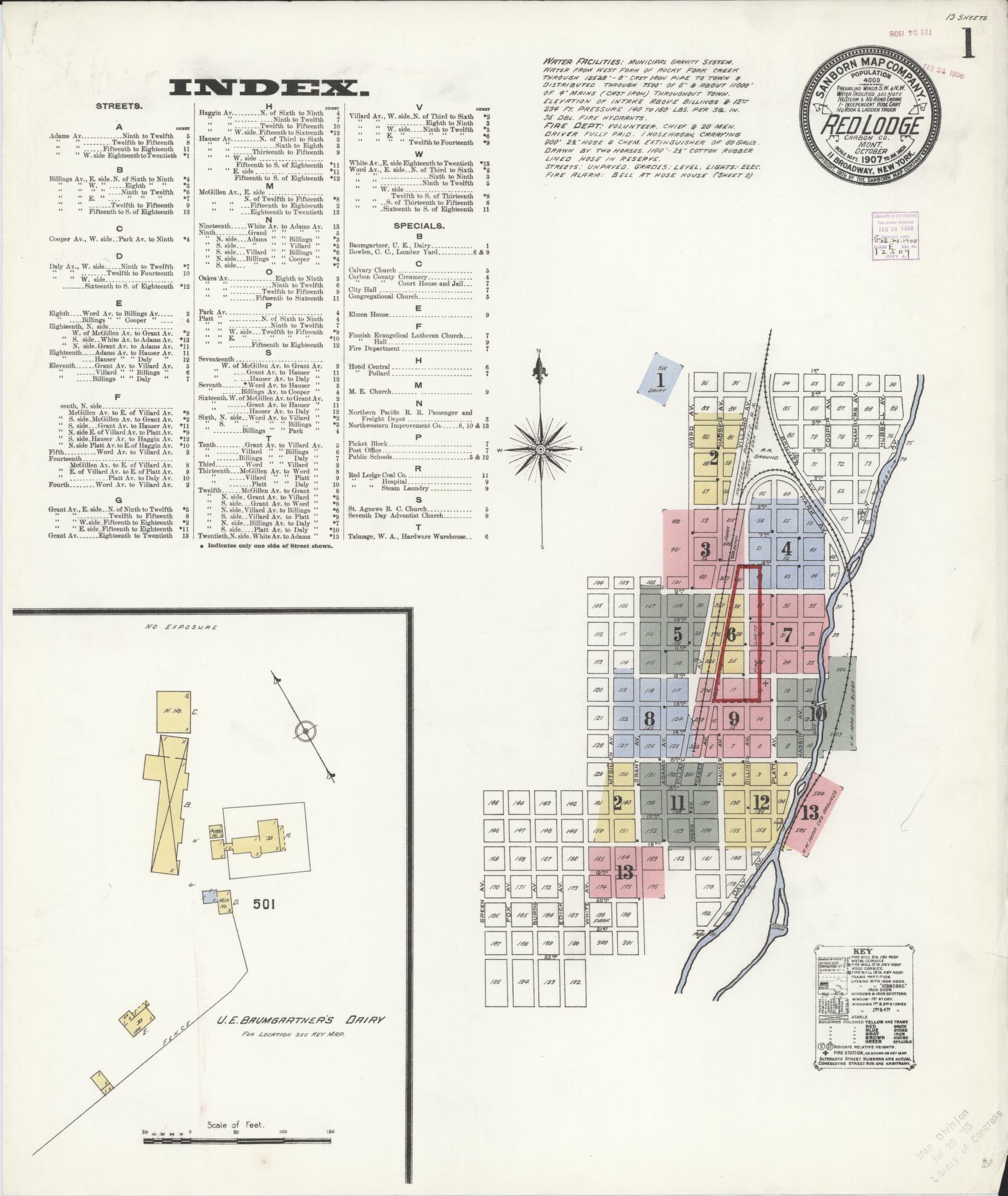 Sanborn Fire Insurance Map from Red Lodge, Carbon County, Montana (1907), Sheet #0001 - Complete Map Set gallery image, historic Sanborn map, vintage wall art, Montana Montana