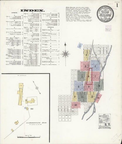 Sanborn Fire Insurance Map from Red Lodge, Carbon County, Montana (1907), Sheet #0001 - Complete Map Set gallery image, historic Sanborn map, vintage wall art, Montana Montana
