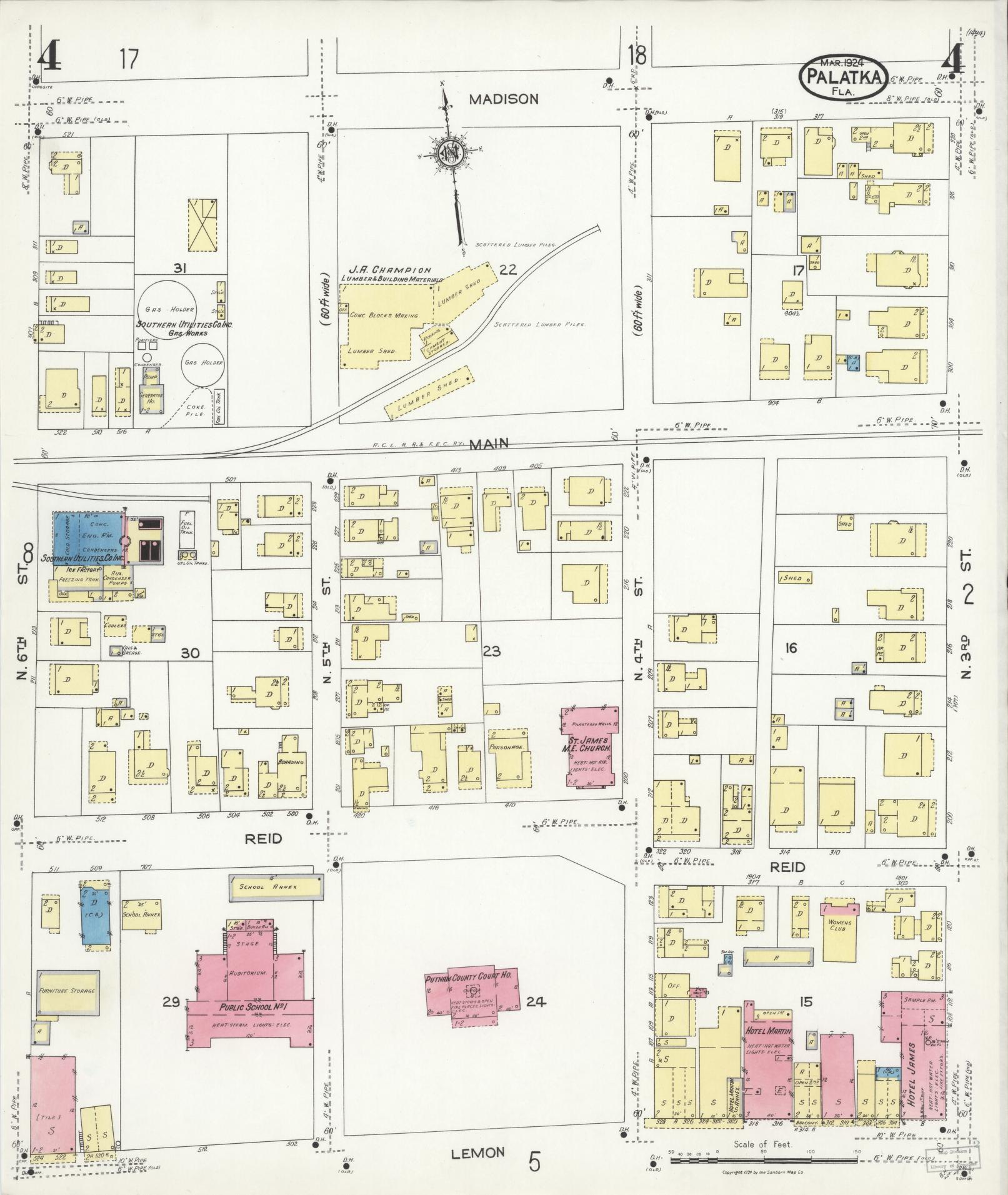 Sanborn Fire Insurance Map from Palatka, Putnam County, Florida (1924), Sheet #0004 - Complete Map Set gallery image, historic Sanborn map, vintage wall art, Florida Florida