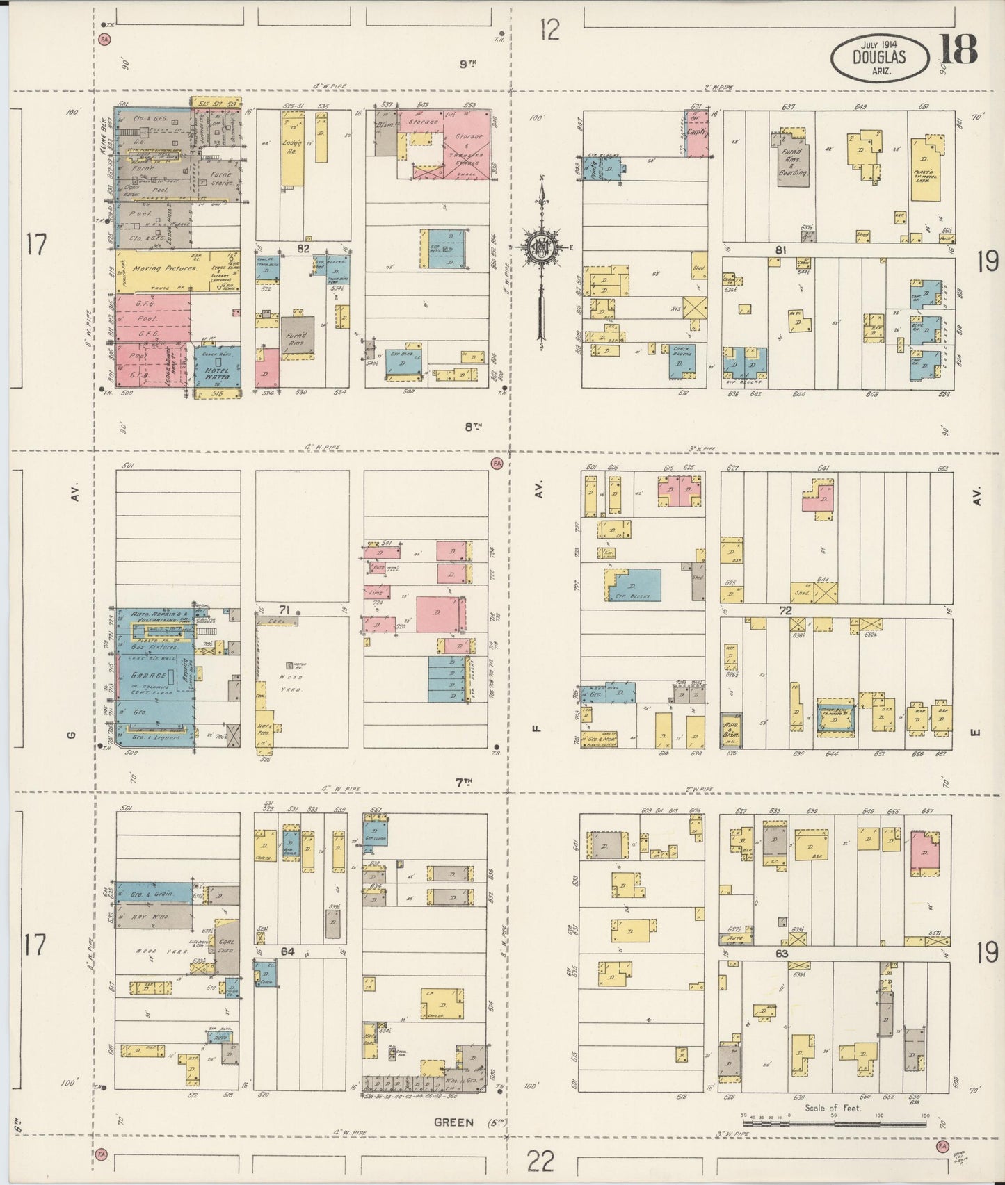 Sanborn Fire Insurance Map from Douglas, Cochise County, Arizona (1914), Sheet #0018 - Complete Map Set gallery image, historic Sanborn map, vintage wall art, Arizona Arizona