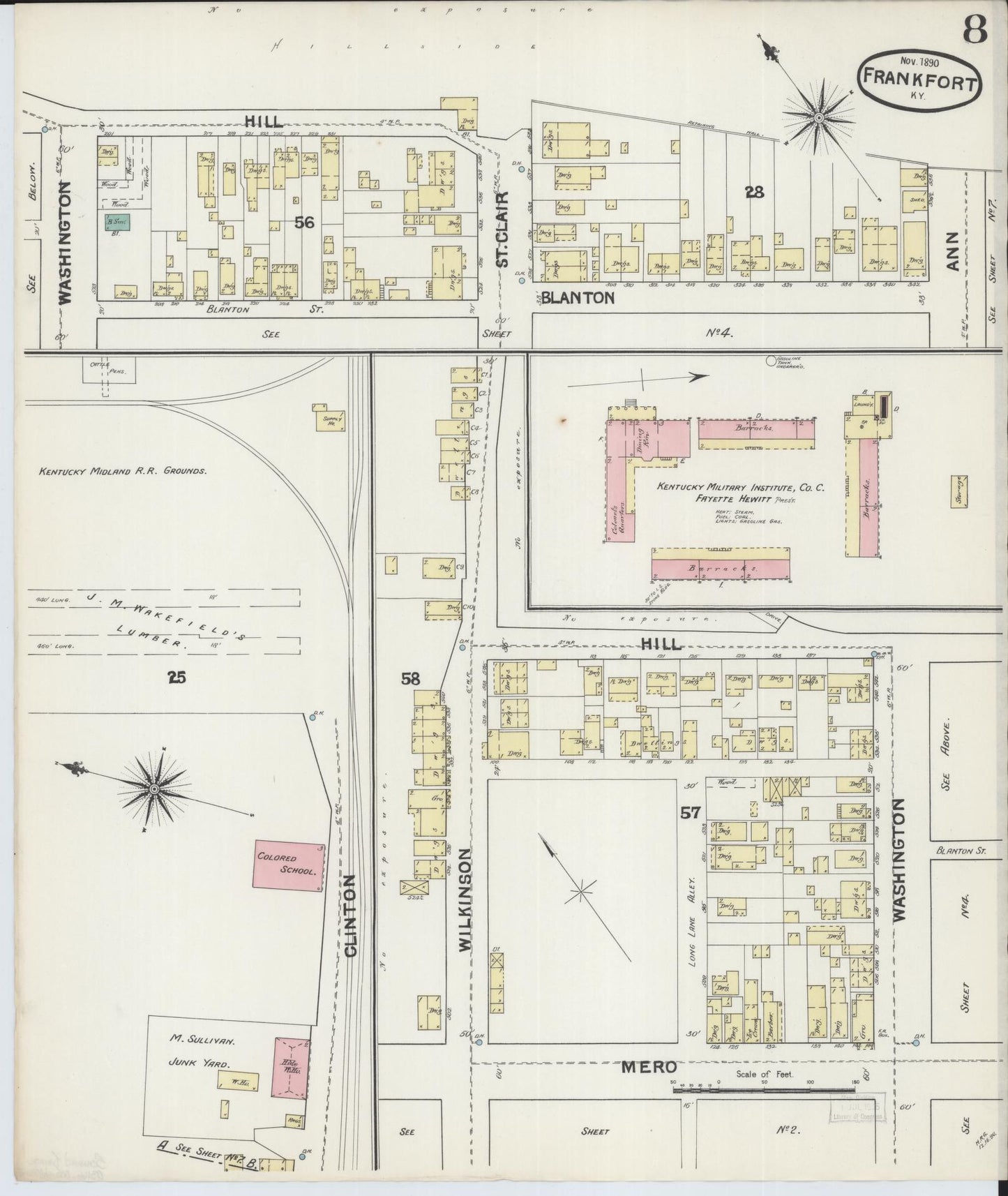 Sanborn Fire Insurance Map from Frankfort, Franklin County, Kentucky (1890), Sheet #0008 - Historic Sanborn Fire Insurance Map Print, vintage old map wall art, antique decor, genealogy gift, Kentucky Kentucky map