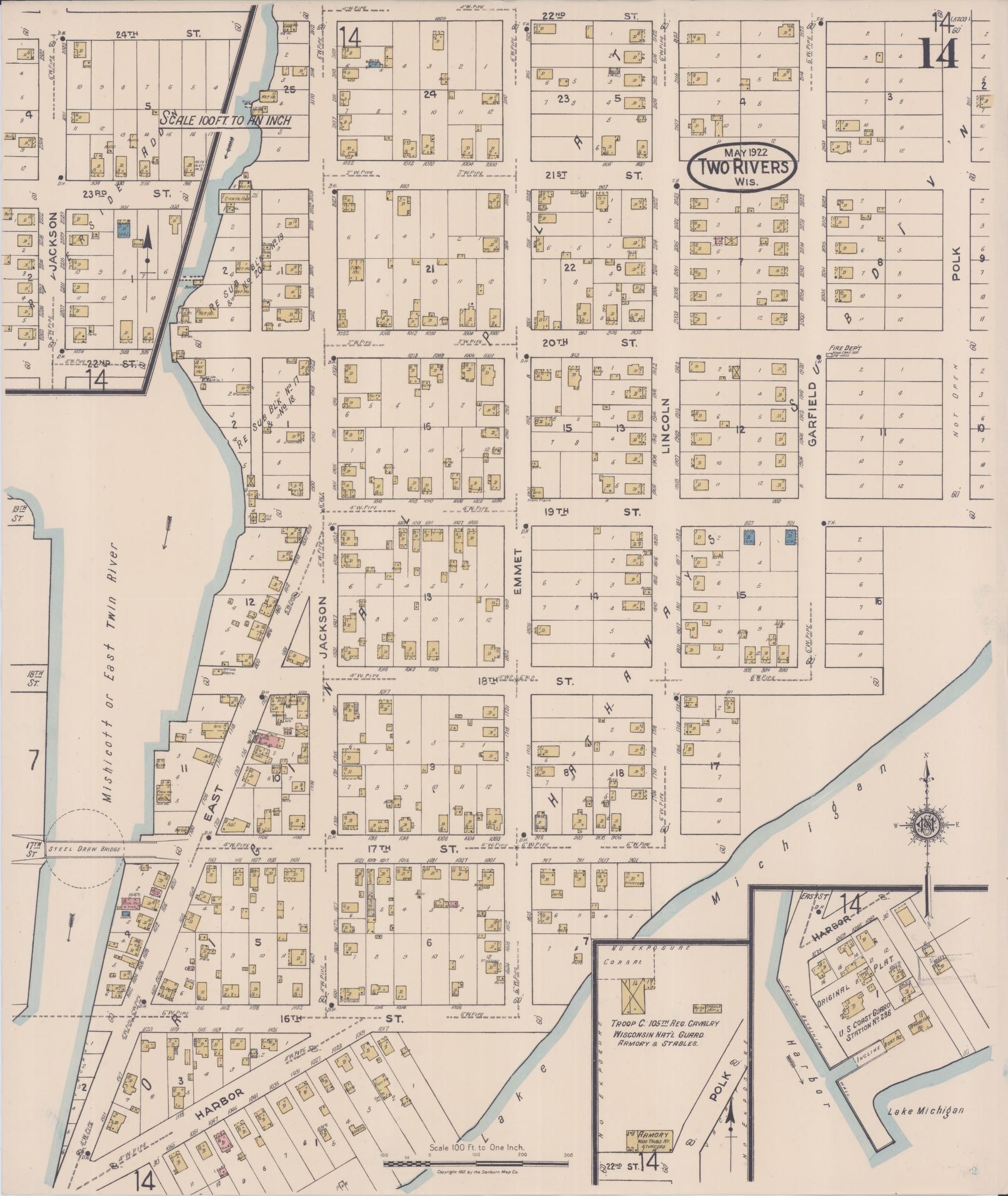 Sanborn Fire Insurance Map from Two Rivers, Manitowoc County, Wisconsin (1922), Sheet #0014 - Historic Sanborn Fire Insurance Map Print, vintage old map wall art, antique decor, genealogy gift, Wisconsin Wisconsin map