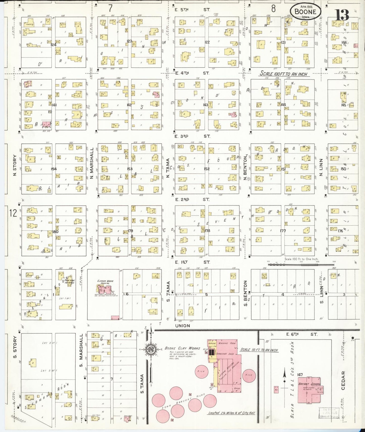 Sanborn Fire Insurance Map from Boone, Boone County, Iowa (1916), Sheet #0013 - Historic Sanborn Fire Insurance Map Print, vintage old map wall art
