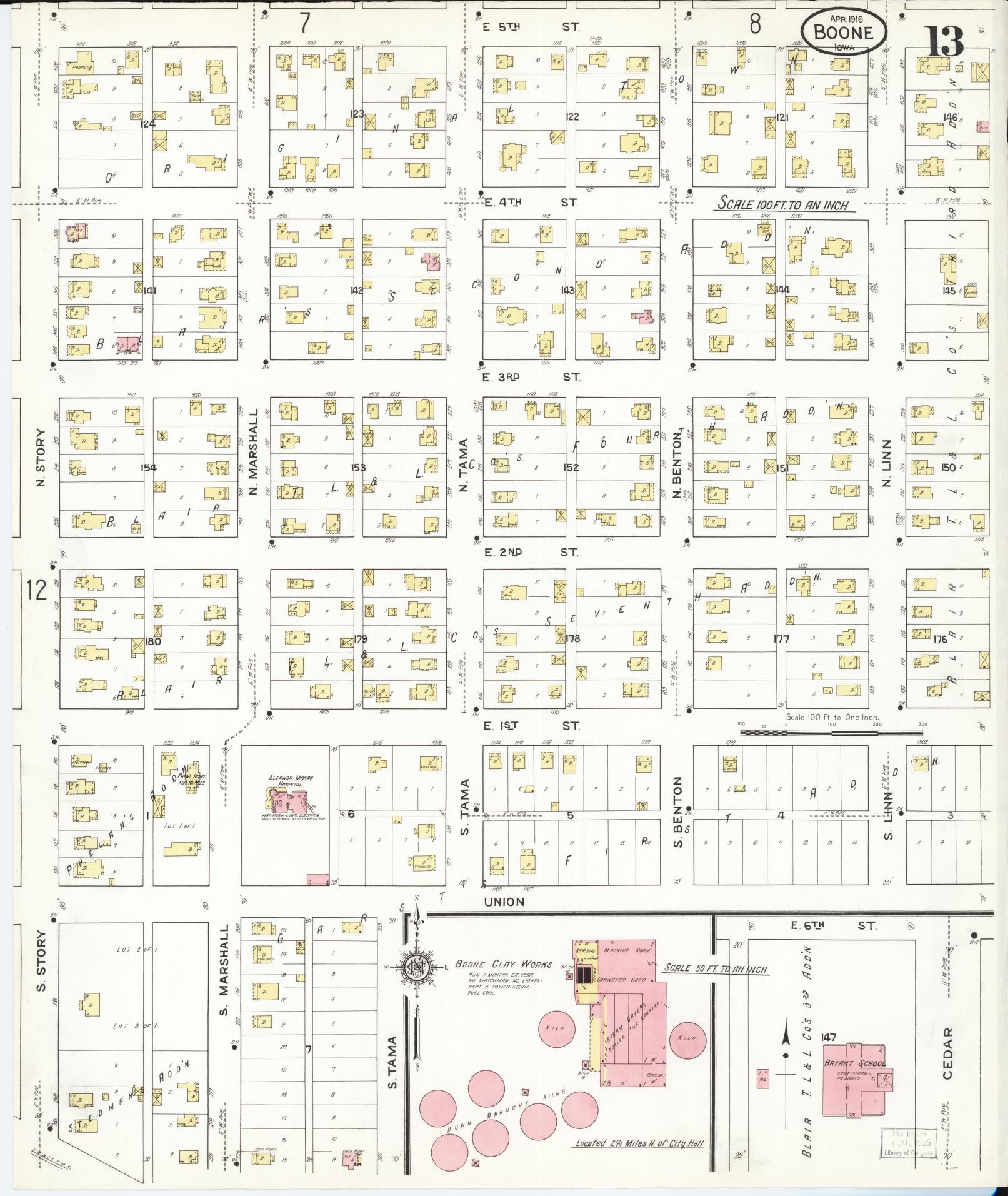 Sanborn Fire Insurance Map from Boone, Boone County, Iowa (1916), Sheet #0013 - Historic Sanborn Fire Insurance Map Print, vintage old map wall art
