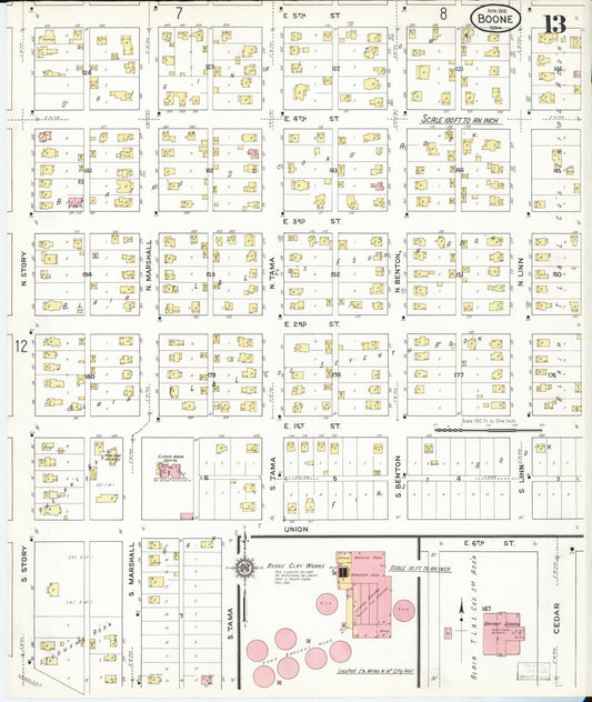 Sanborn Fire Insurance Map from Boone, Boone County, Iowa (1916), Sheet #0013 - Historic Sanborn Fire Insurance Map Print, vintage old map wall art