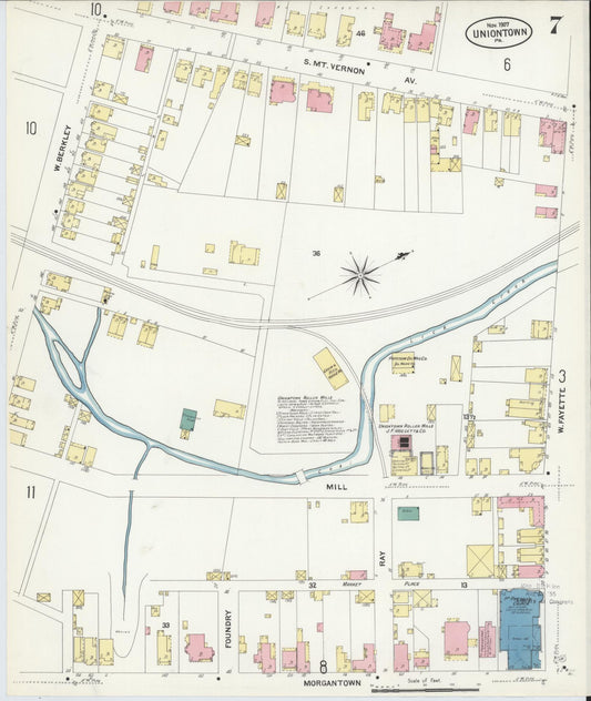 Sanborn Fire Insurance Map from Uniontown, Fayette County, Pennsylvania (1907), Sheet #0007 - Historic Sanborn Fire Insurance Map Print, vintage old map wall art, antique decor, genealogy gift, Pennsylvania Pennsylvania map