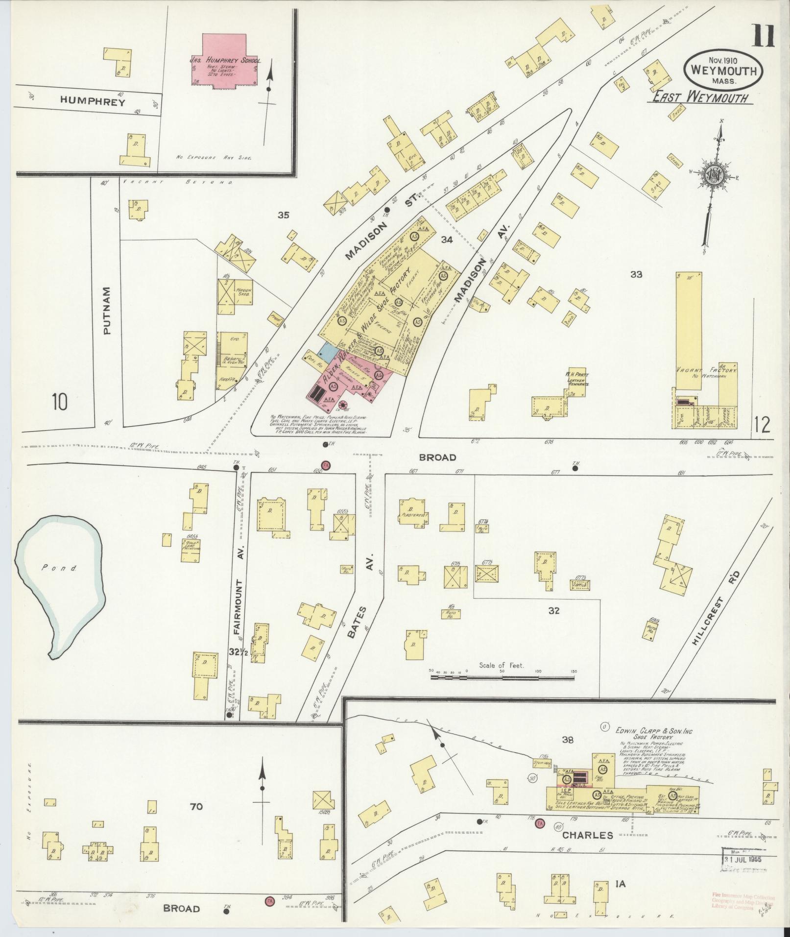 Sanborn Fire Insurance Map from Weymouth, Norfolk County, Massachusetts (1910), Sheet #0011 - Complete Map Set gallery image, historic Sanborn map, vintage wall art, Massachusetts Massachusetts