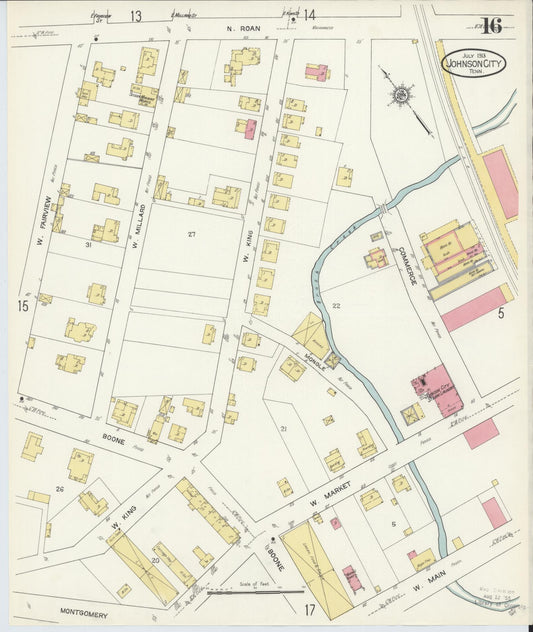 Sanborn Fire Insurance Map from Johnson City, Washington County, Tennessee (1913), Sheet #0016 - Historic Sanborn Fire Insurance Map Print, vintage old map wall art, antique decor, genealogy gift, Tennessee Tennessee map