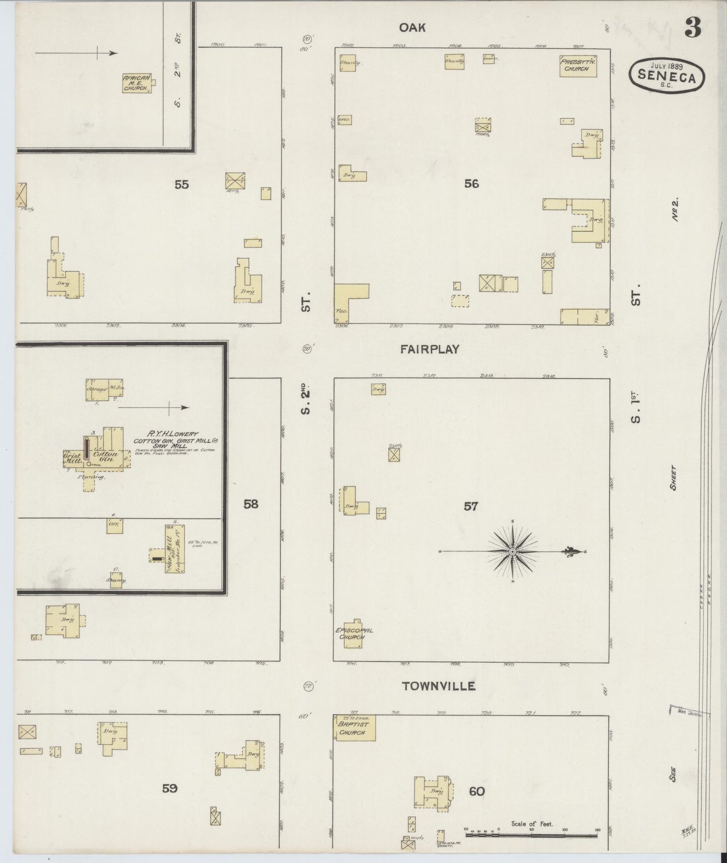 Sanborn Fire Insurance Map from Seneca, Oconee County, South Carolina (1889), Sheet #0003 - Historic Sanborn Fire Insurance Map Print, vintage old map wall art, antique decor, genealogy gift, South Carolina South Carolina map