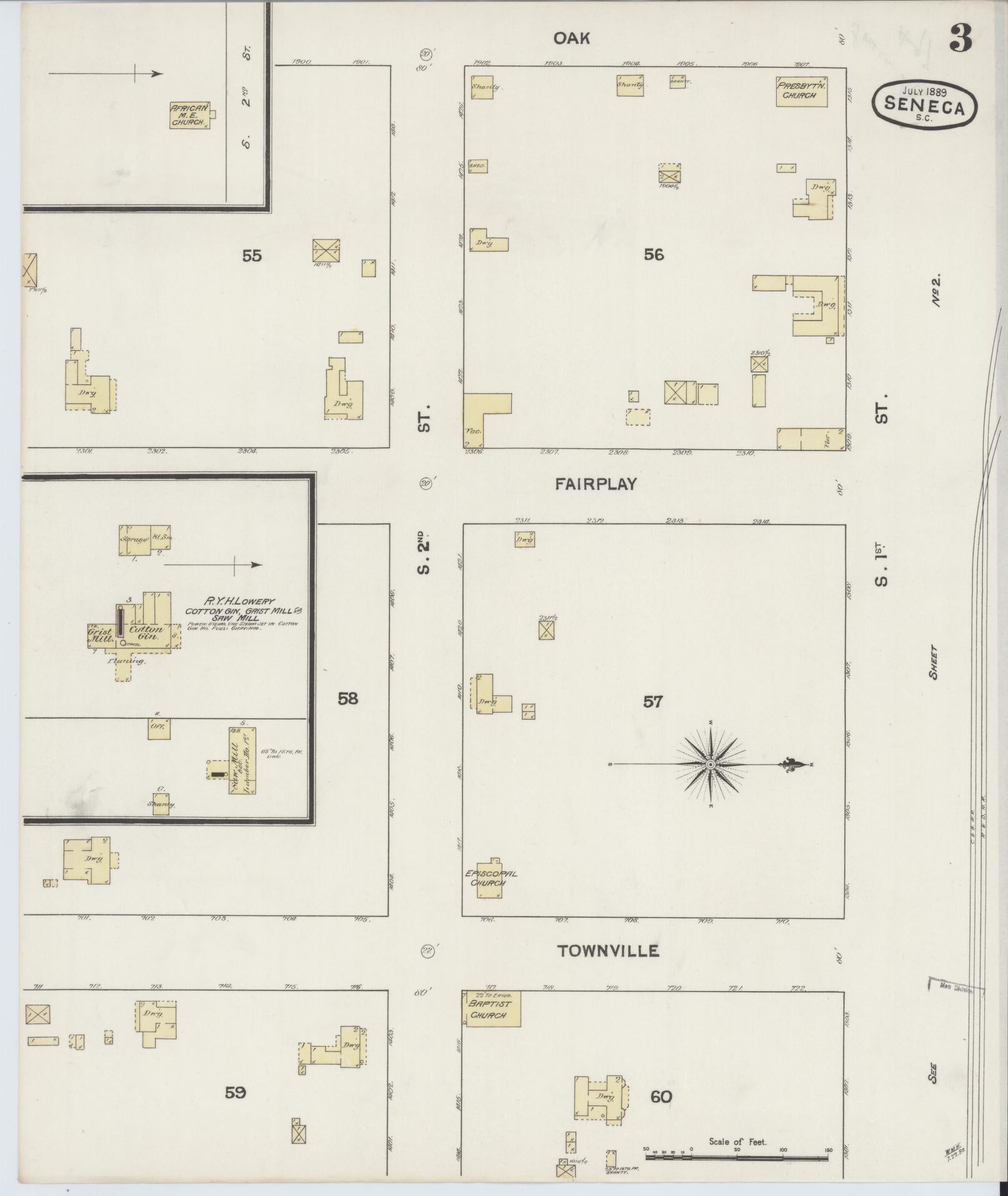 Sanborn Fire Insurance Map from Seneca, Oconee County, South Carolina (1889), Sheet #0003 - Historic Sanborn Fire Insurance Map Print, vintage old map wall art, antique decor, genealogy gift, South Carolina South Carolina map