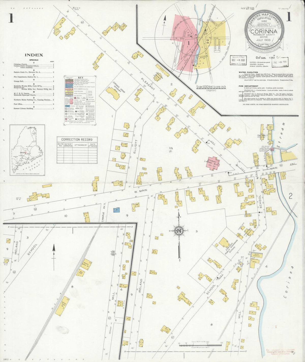 Sanborn Fire Insurance Map from Corinna, Penobscot County, Maine (1933), Sheet #0001 - Complete Map Set gallery image, historic Sanborn map, vintage wall art, Maine Maine