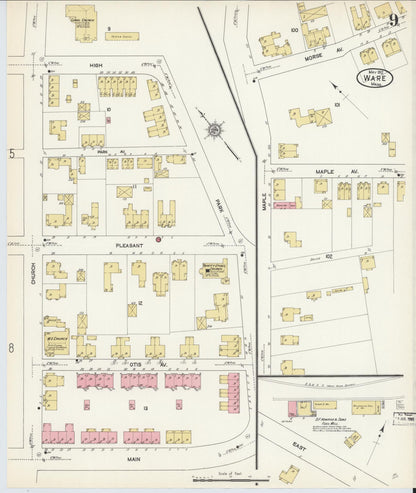 Sanborn Fire Insurance Map from Ware, Hampshire County, Massachusetts (1912), Sheet #0009 - Historic Sanborn Fire Insurance Map Print, vintage old map wall art, antique decor, genealogy gift, Massachusetts Massachusetts map