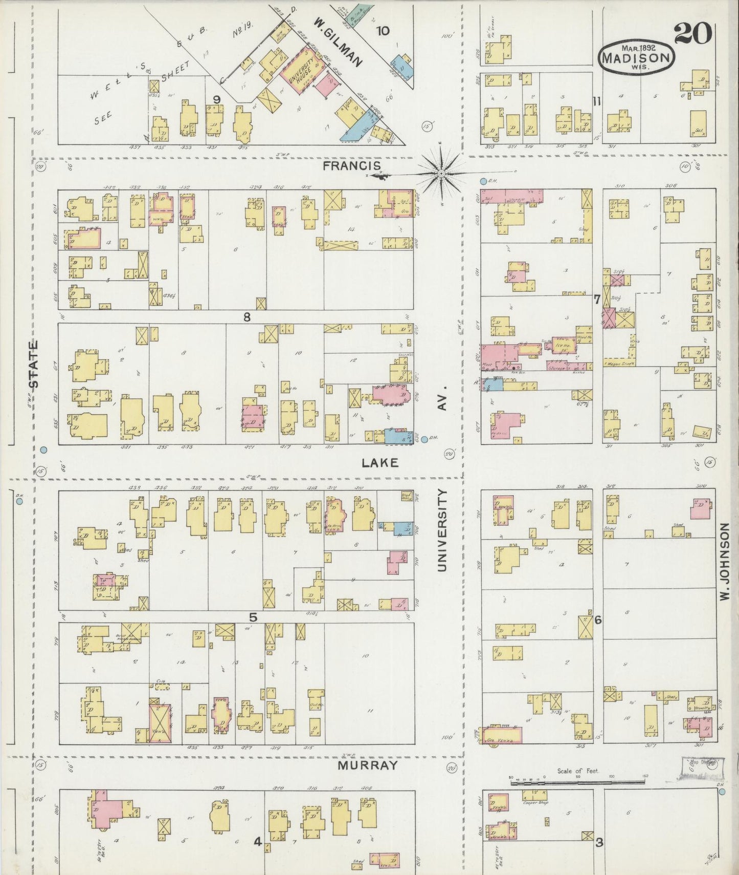 Sanborn Fire Insurance Map from Madison, Dane County, Wisconsin (1892), Sheet #0020 - Complete Map Set gallery image, historic Sanborn map, vintage wall art, Wisconsin Wisconsin