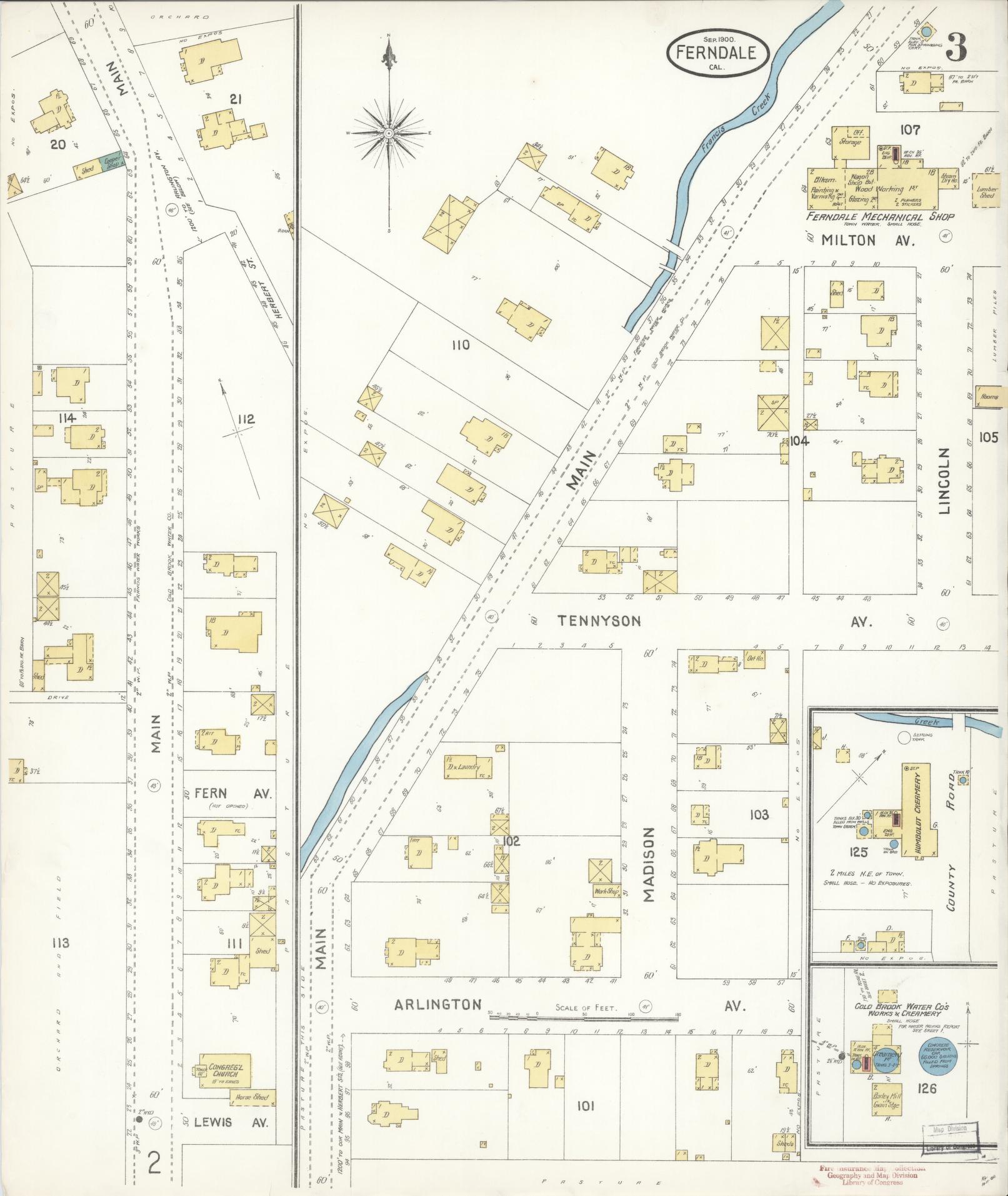 Sanborn Fire Insurance Map from Ferndale, Humboldt County, California (1900), Sheet #0003 - Historic Sanborn Fire Insurance Map Print, vintage old map wall art, antique decor, genealogy gift, California California map