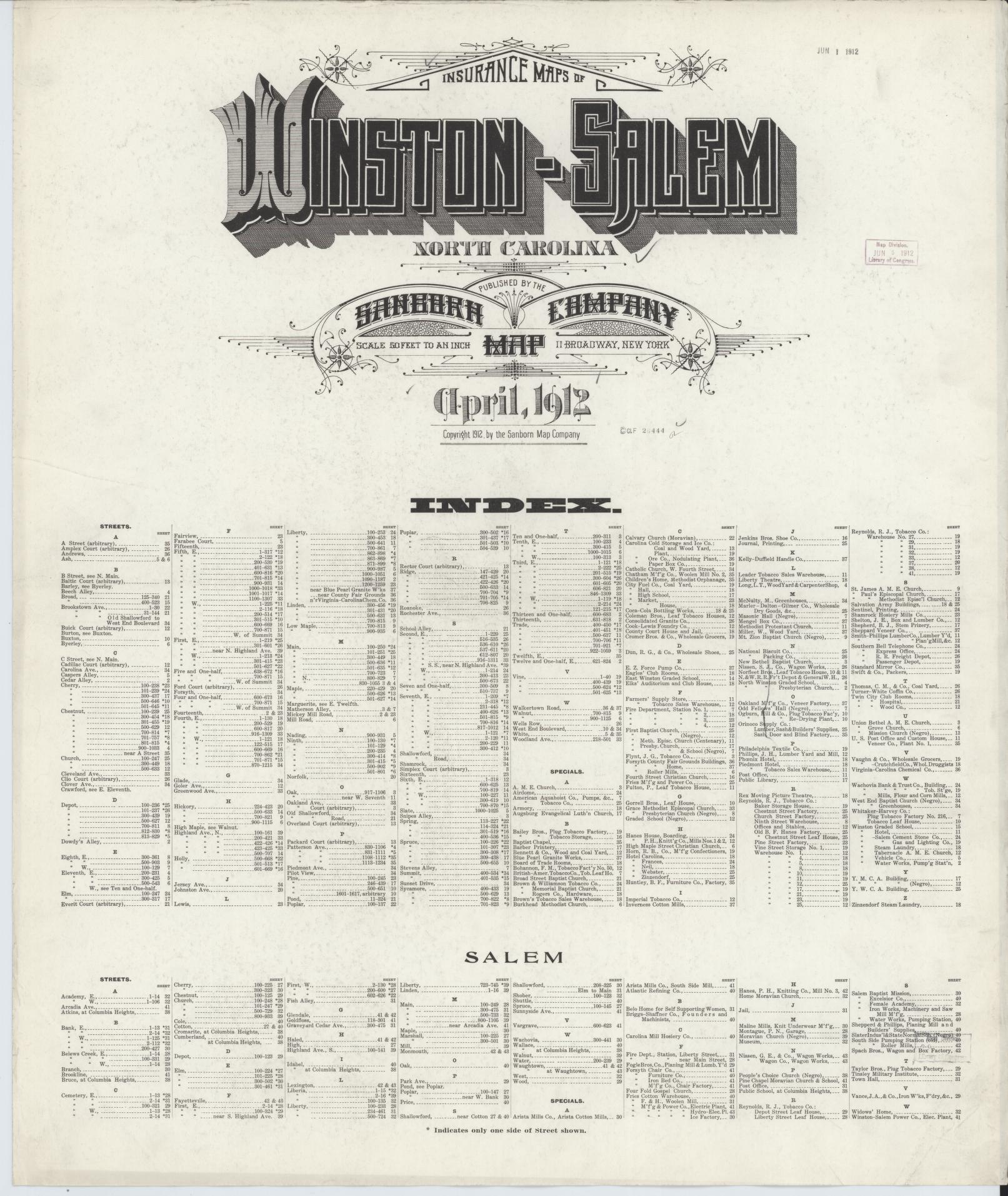Sanborn Fire Insurance Map from Winston-Salem, Forsyth County, North Carolina (1912), Sheet #0001 - Historic Sanborn Fire Insurance Map Print, vintage old map wall art, antique decor, genealogy gift, North Carolina North Carolina map