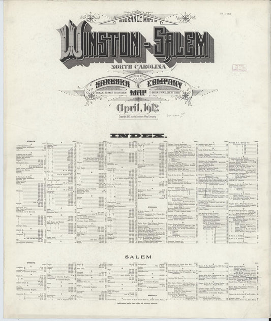 Sanborn Fire Insurance Map from Winston-Salem, Forsyth County, North Carolina (1912), Sheet #0001 - Historic Sanborn Fire Insurance Map Print, vintage old map wall art, antique decor, genealogy gift, North Carolina North Carolina map