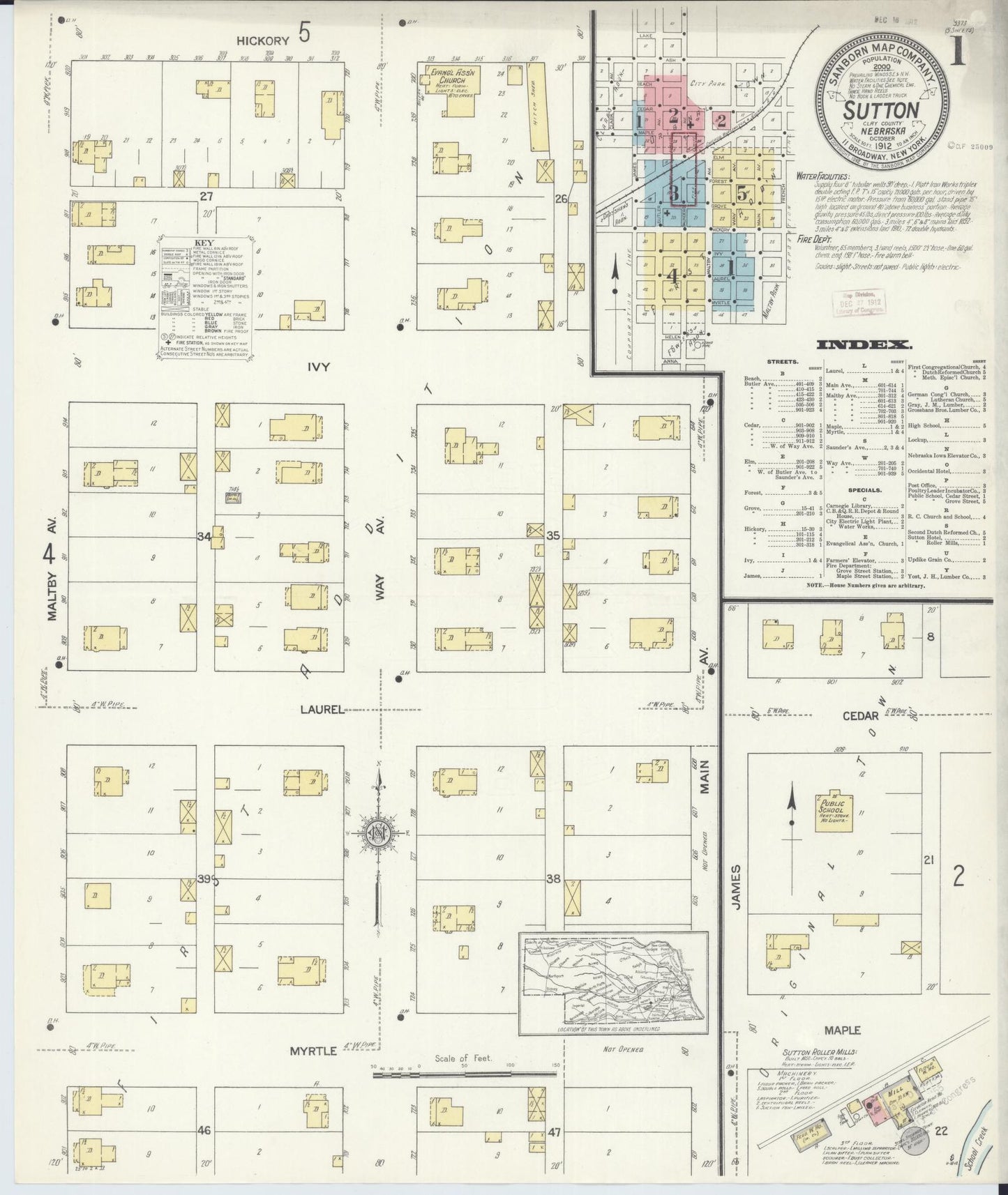 Sanborn Fire Insurance Map from Sutton, Clay County, Nebraska (1912), Sheet #0001 - Historic Sanborn Fire Insurance Map Print, vintage old map wall art, antique decor, genealogy gift, Nebraska Nebraska map