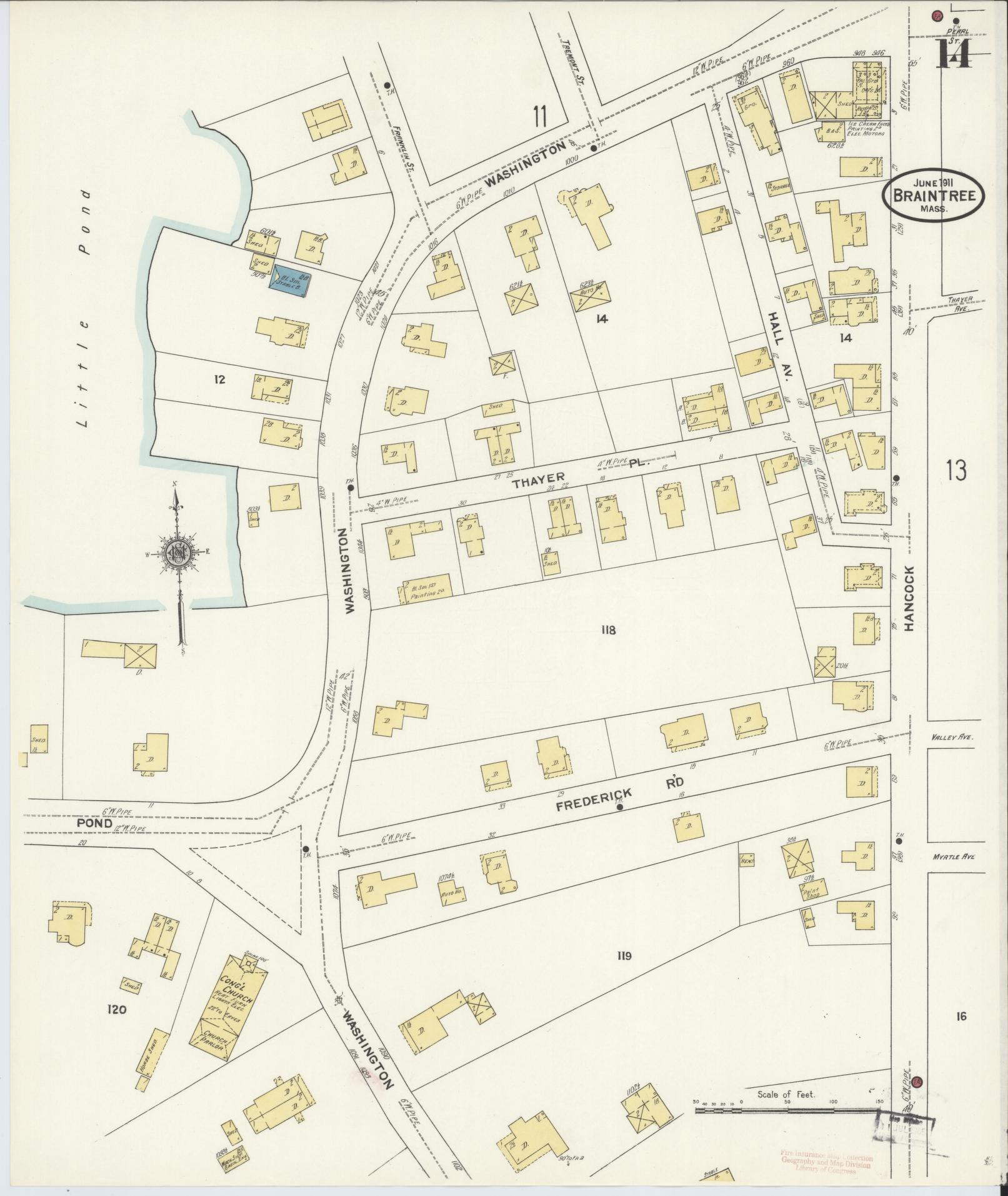 Sanborn Fire Insurance Map from Braintree, Norfolk County, Massachusetts (1911), Sheet #0014 - Historic Sanborn Fire Insurance Map Print, vintage old map wall art, antique decor, genealogy gift, Massachusetts Massachusetts map