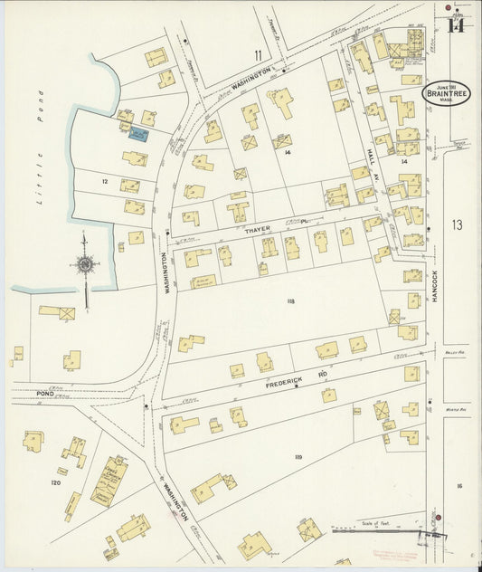 Sanborn Fire Insurance Map from Braintree, Norfolk County, Massachusetts (1911), Sheet #0014 - Historic Sanborn Fire Insurance Map Print, vintage old map wall art, antique decor, genealogy gift, Massachusetts Massachusetts map