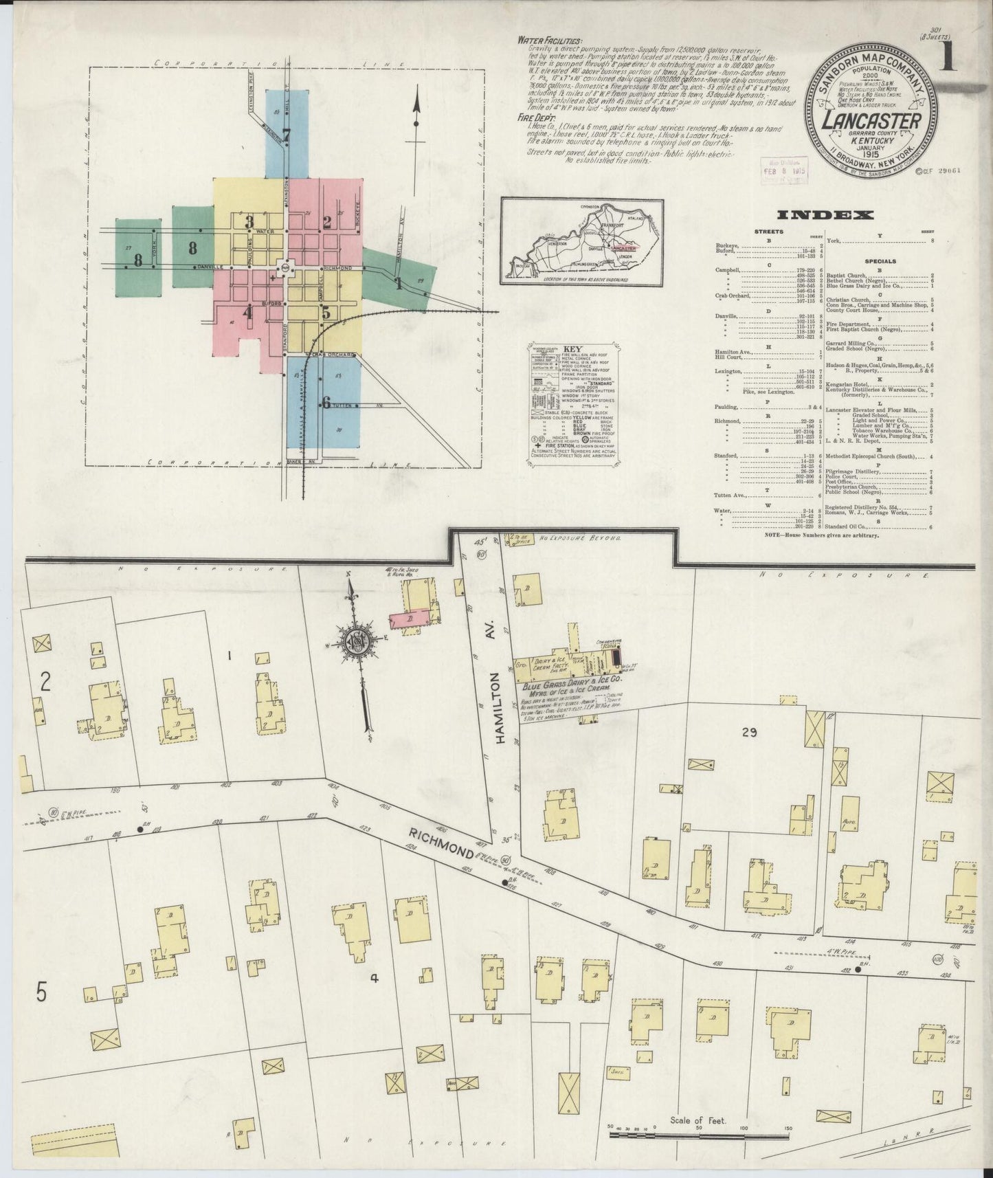 Sanborn Fire Insurance Map from Lancaster, Garrard County, Kentucky (1915), Sheet #0001 - Complete Map Set gallery image, historic Sanborn map, vintage wall art, Kentucky Kentucky