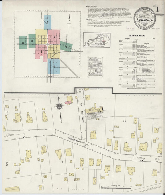 Sanborn Fire Insurance Map from Lancaster, Garrard County, Kentucky (1915), Sheet #0001 - Complete Map Set gallery image, historic Sanborn map, vintage wall art, Kentucky Kentucky