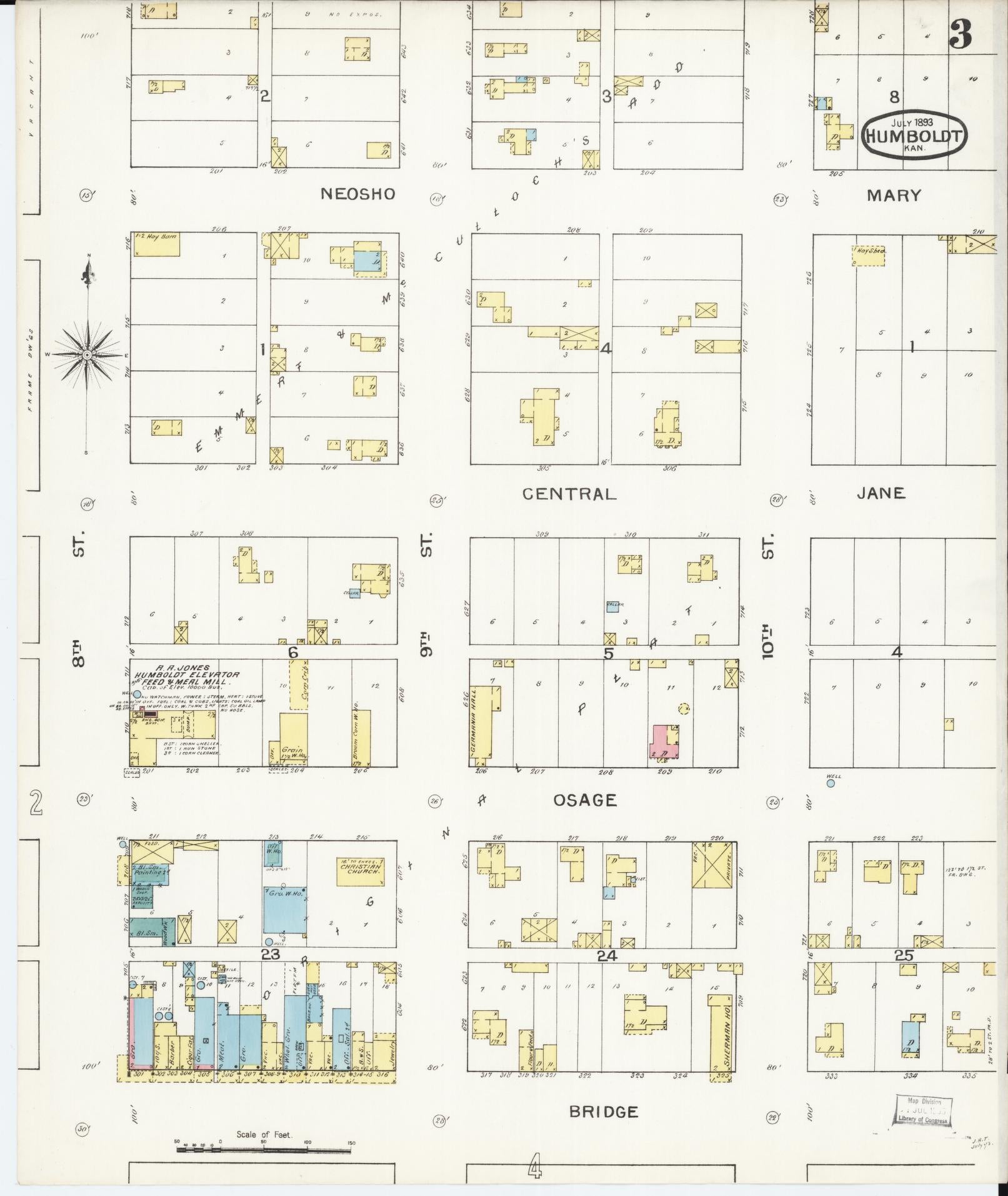 Sanborn Fire Insurance Map from Humboldt, Allen County, Kansas (1893), Sheet #0003 - Historic Sanborn Fire Insurance Map Print, vintage old map wall art, antique decor, genealogy gift, Kansas Kansas map