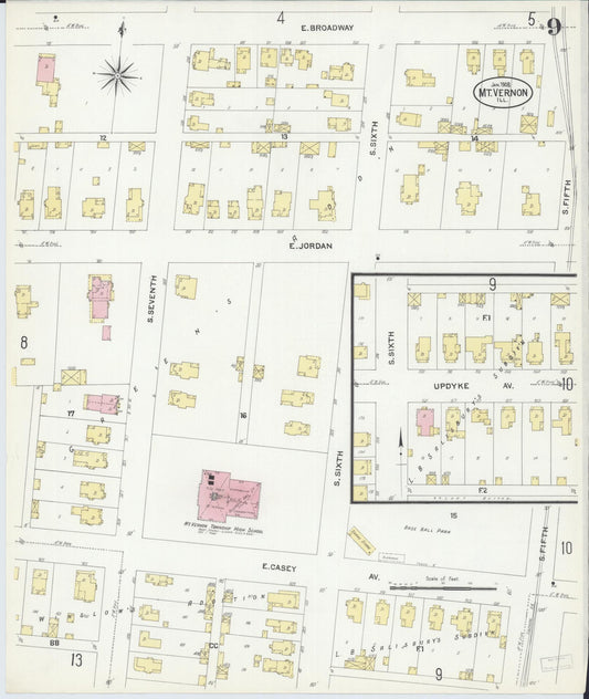 Sanborn Fire Insurance Map from Mount Vernon, Jefferson County, Illinois (1908), Sheet #0009 - Historic Sanborn Fire Insurance Map Print, vintage old map wall art, antique decor, genealogy gift, Illinois Illinois map