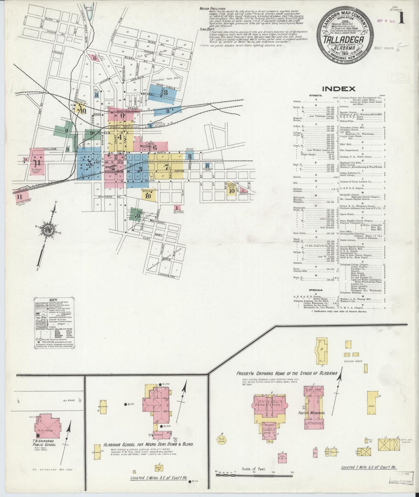 Sanborn Fire Insurance Map from Talladega, Talladega County, Alabama (1910), Sheet #0001 - Historic Sanborn Fire Insurance Map Print, vintage old map wall art, antique decor, genealogy gift, Alabama Alabama map