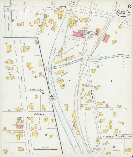Sanborn Fire Insurance Map from Ellenville, Ulster County, New York (1900), Sheet #0008 - Historic Sanborn Fire Insurance Map Print, vintage old map wall art, antique decor, genealogy gift, New York New York map