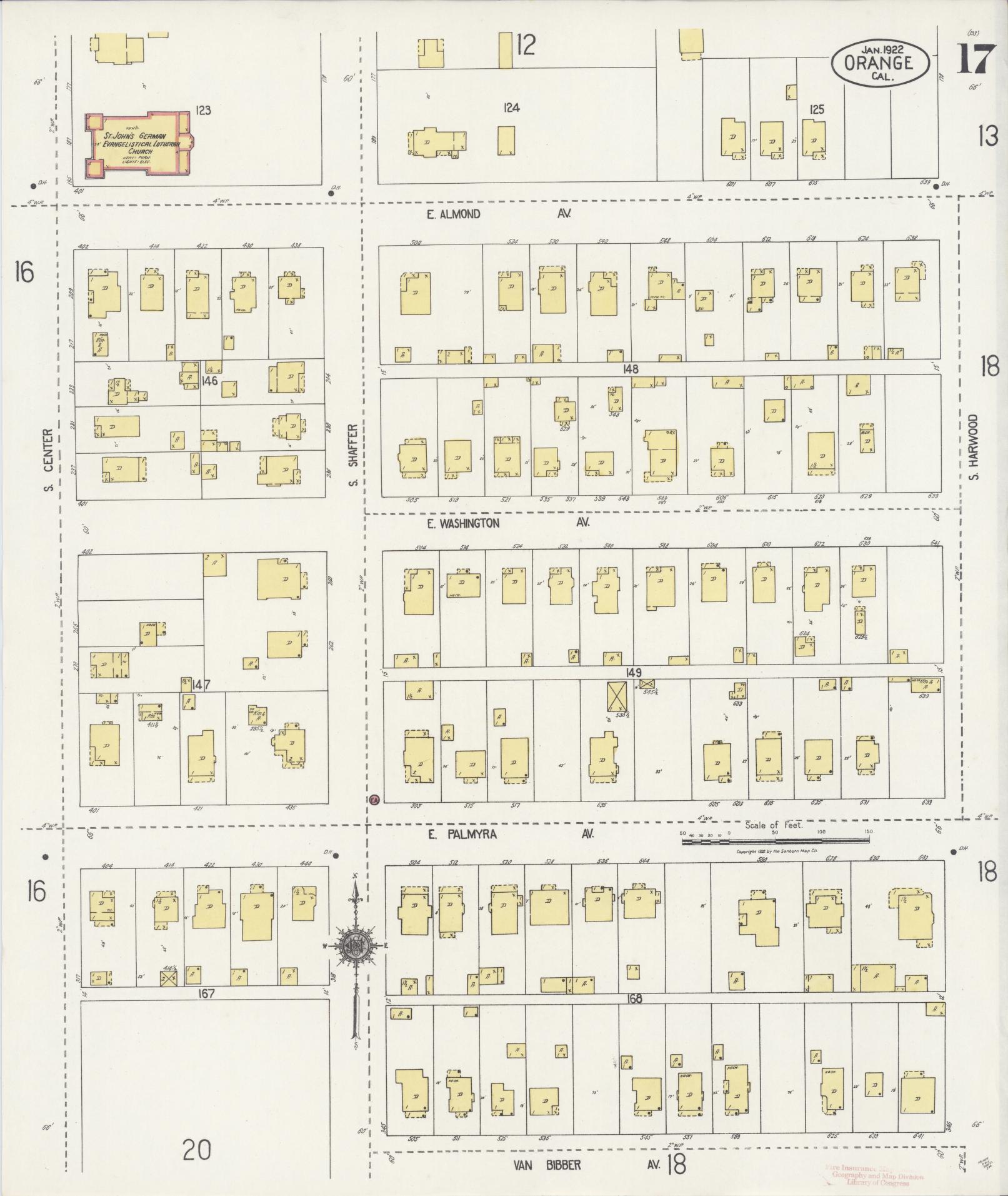 Sanborn Fire Insurance Map from Orange, Orange County, California (1922), Sheet #0017 - Complete Map Set gallery image, historic Sanborn map, vintage wall art, California California
