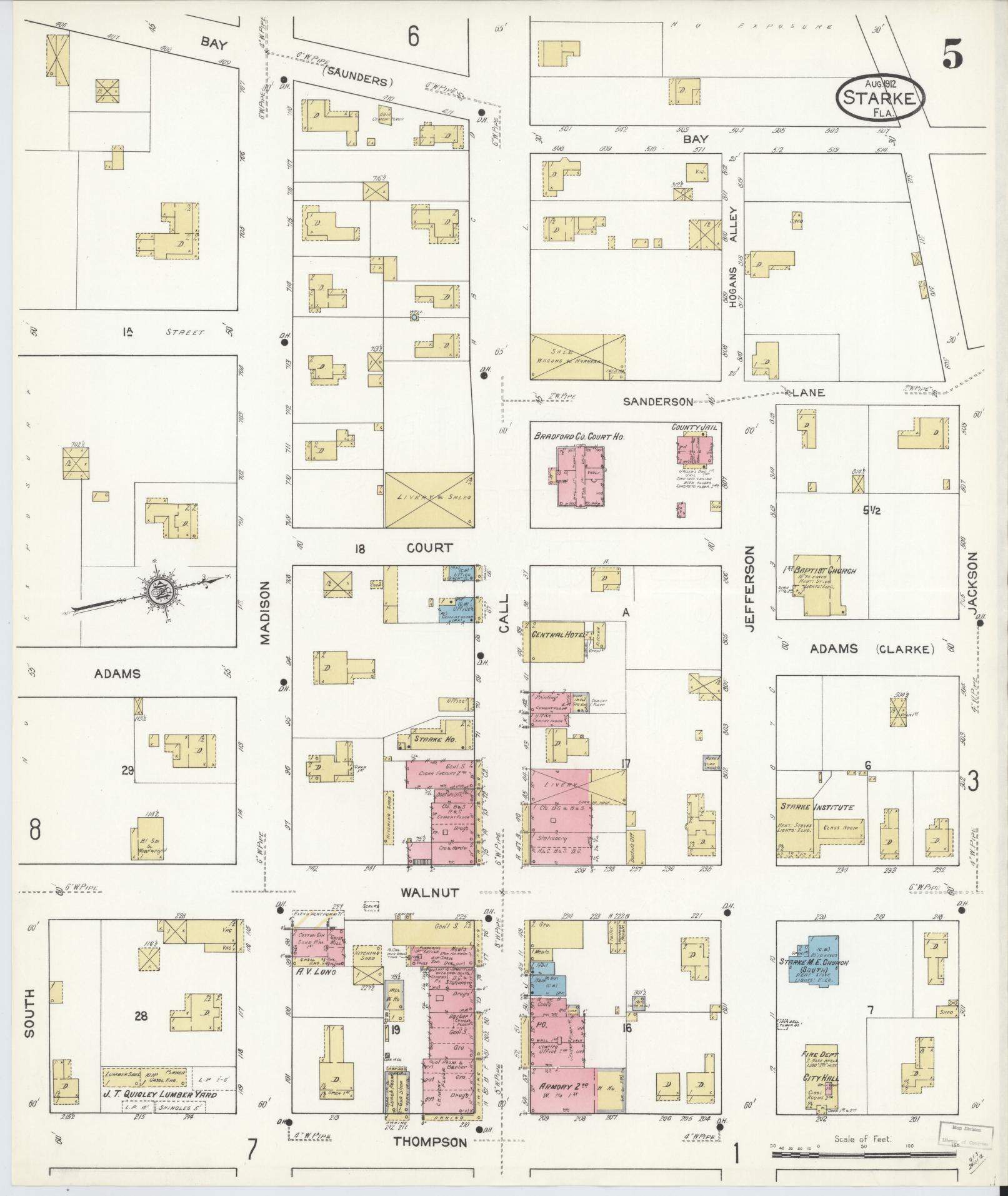 Sanborn Fire Insurance Map from Starke, Bradford County, Florida (1912), Sheet #0005 - Complete Map Set gallery image, historic Sanborn map, vintage wall art, Florida Florida