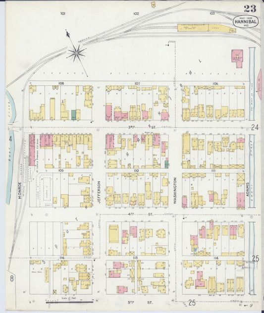 Sanborn Fire Insurance Map from Hannibal, Marion County, Missouri (1906), Sheet #0023 - Historic Sanborn Fire Insurance Map Print, vintage old map wall art, antique decor, genealogy gift, Missouri Missouri map