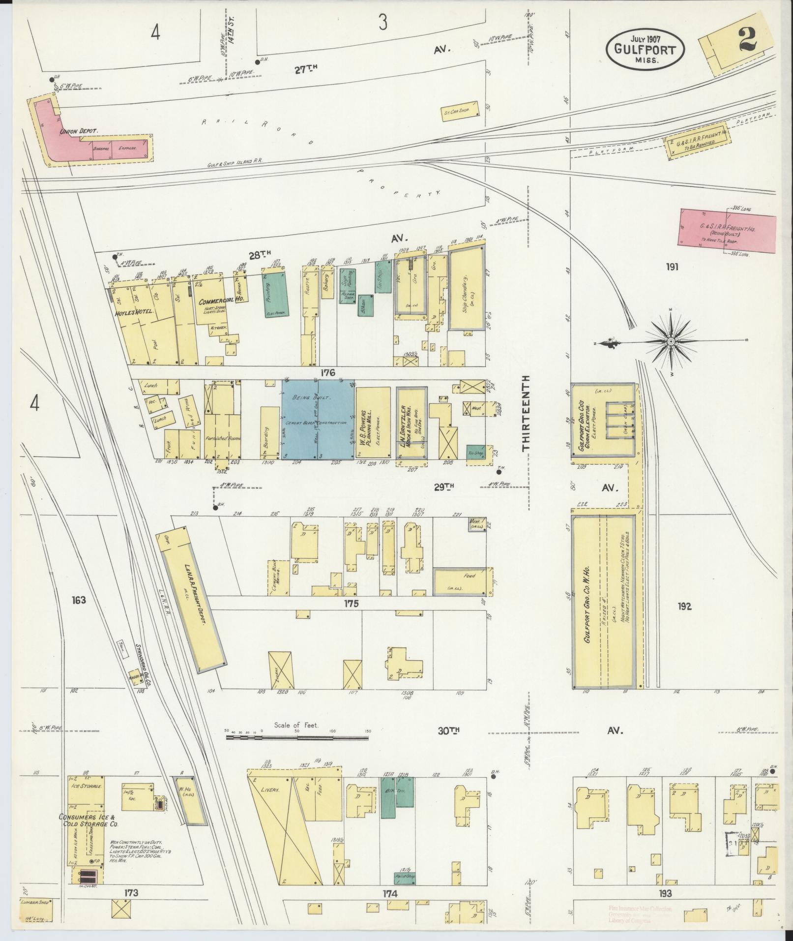 Sanborn Fire Insurance Map from Gulfport, Harrison County, Mississippi (1907), Sheet #0002 - Historic Sanborn Fire Insurance Map Print, vintage old map wall art, antique decor, genealogy gift, Mississippi Mississippi map