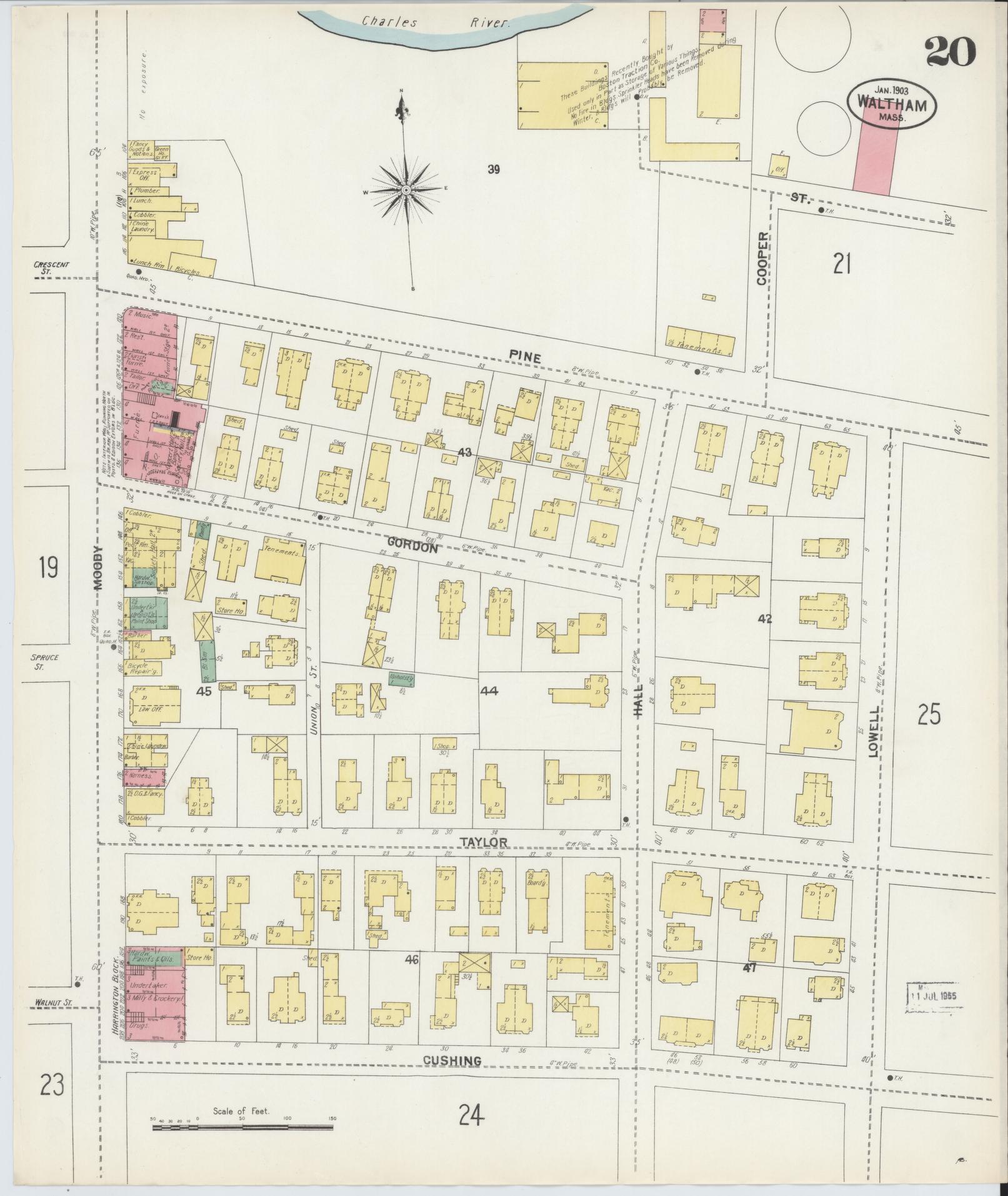 Sanborn Fire Insurance Map from Waltham, Middlesex County, Massachusetts (1903), Sheet #0020 - Historic Sanborn Fire Insurance Map Print, vintage old map wall art, antique decor, genealogy gift, Massachusetts Massachusetts map
