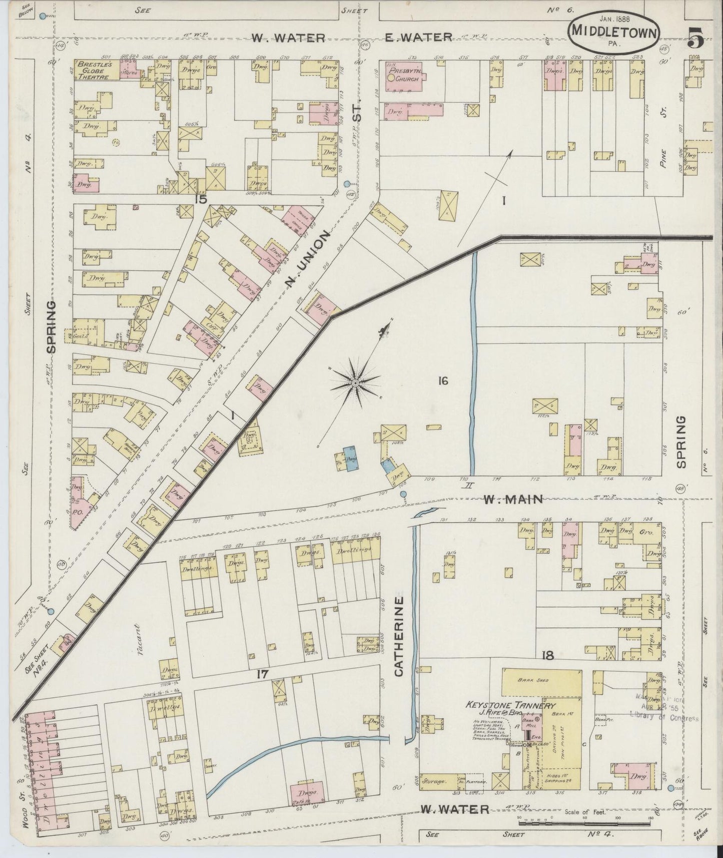 Sanborn Fire Insurance Map from Middletown, Dauphin County, Pennsylvania (1888), Sheet #0005 - Historic Sanborn Fire Insurance Map Print, vintage old map wall art, antique decor, genealogy gift, Pennsylvania Pennsylvania map