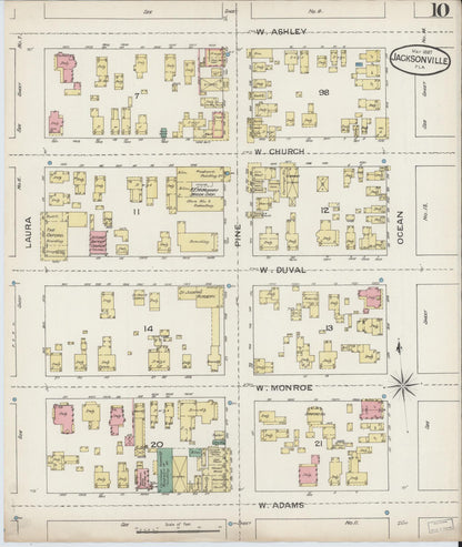 Sanborn Fire Insurance Map from Jacksonville, Duval County, Florida (1887), Sheet #0010 - Historic Sanborn Fire Insurance Map Print, vintage old map wall art, antique decor, genealogy gift, Florida Florida map