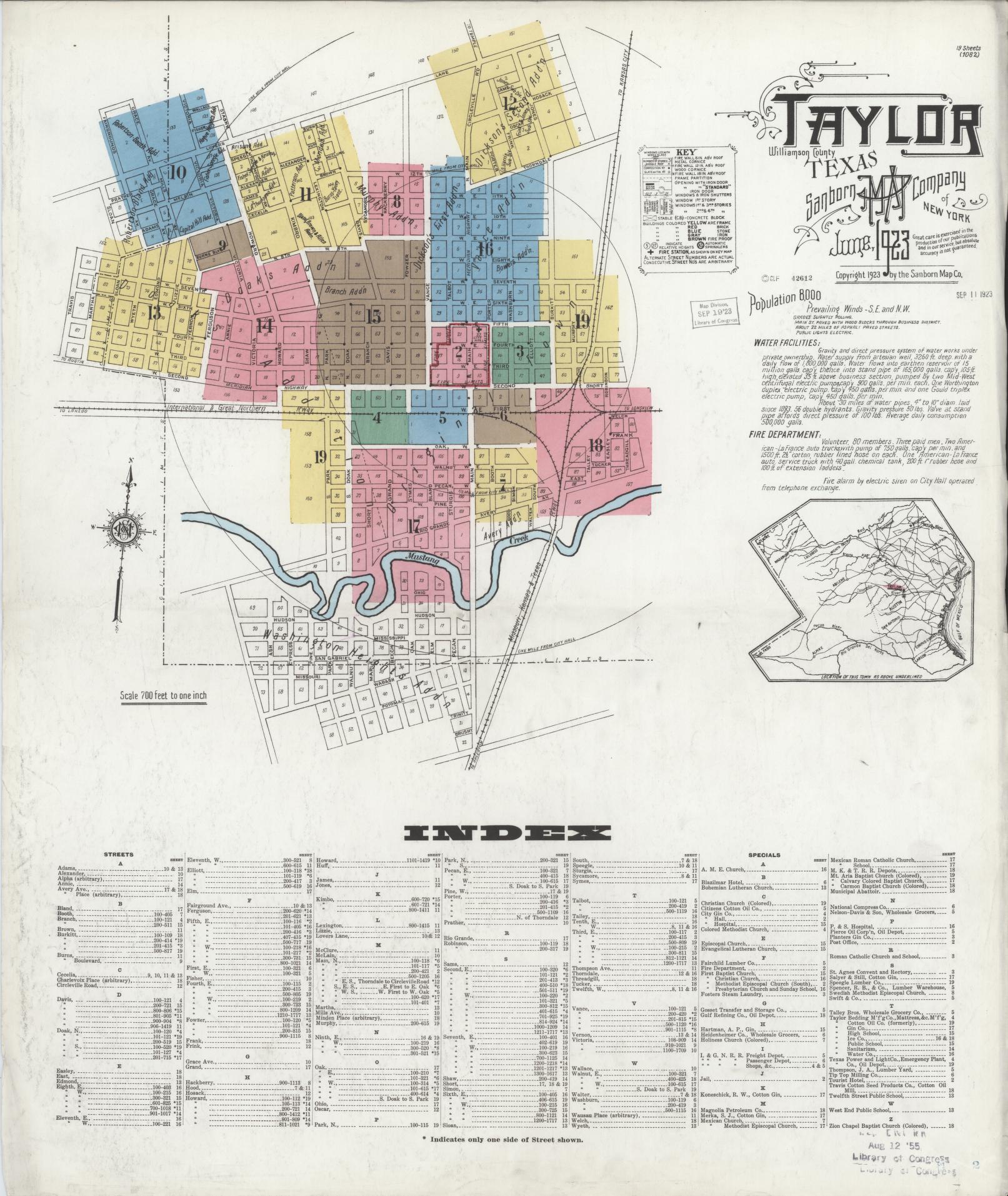Sanborn Fire Insurance Map from Taylor, Williamson County, Texas (1923), Sheet #0001 - Complete Map Set gallery image, historic Sanborn map, vintage wall art, Texas Texas